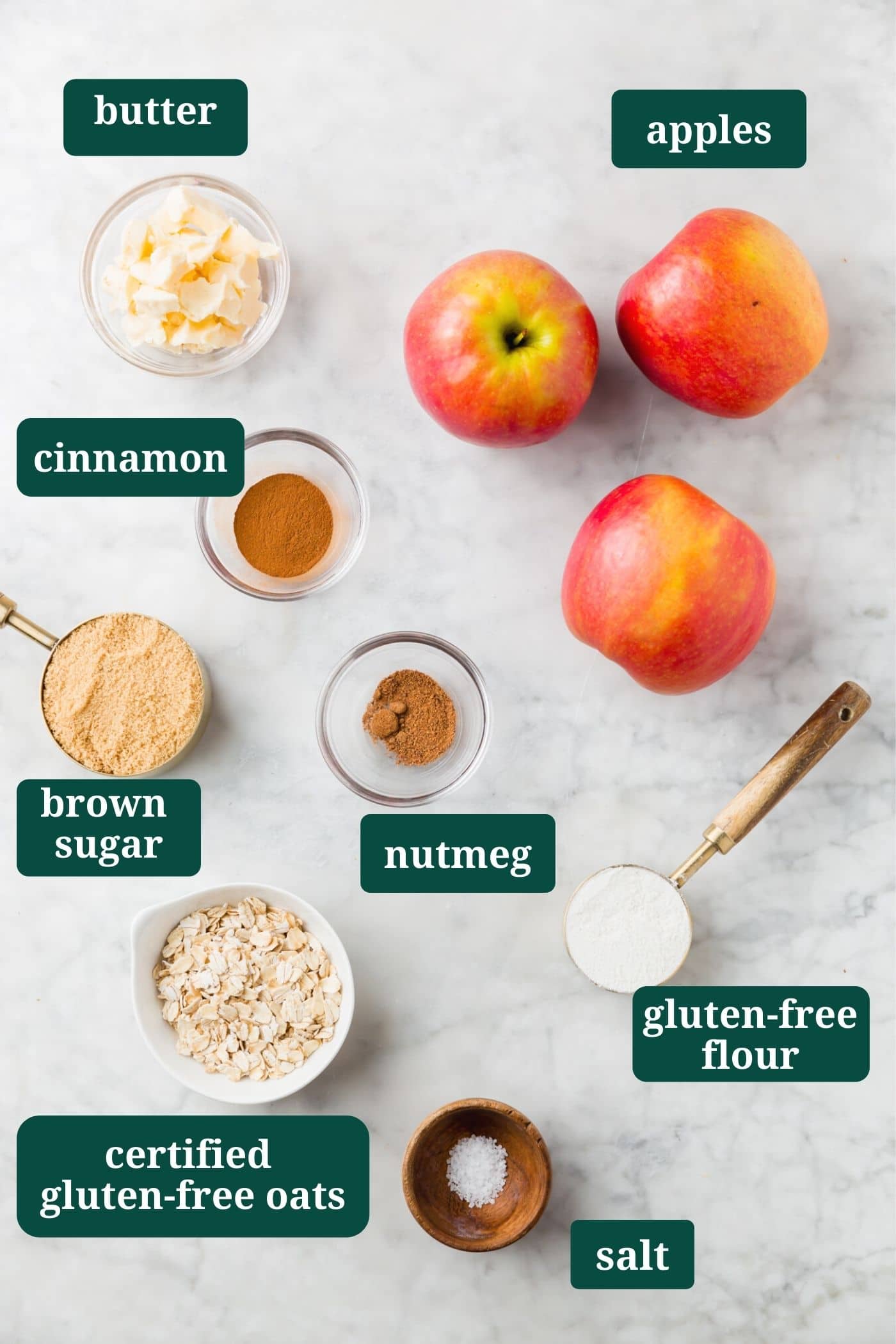 An overhead shot of ingredients labeled to make gluten-free baked stuffed apples.