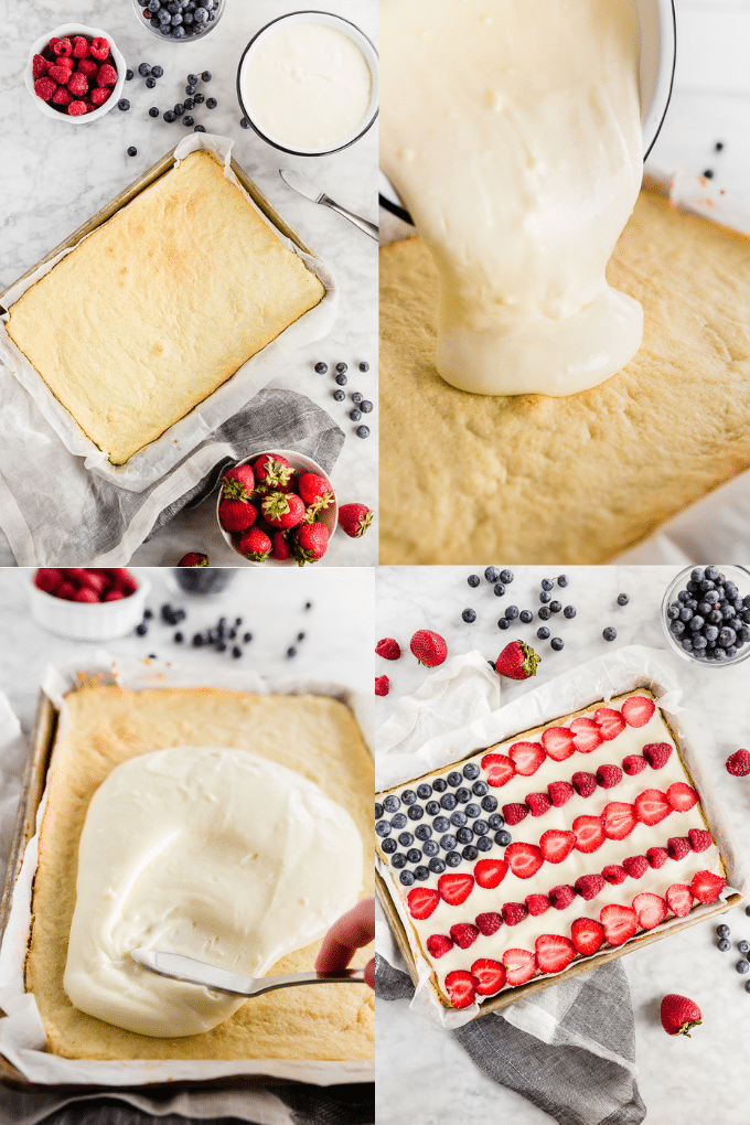 A collage of photos showing the process of making a Gluten free American Flag Cookie cake from baking the rectangular cookie crust, pouring and spreading the cream cheese frosting on top and the finished product decorated with strawberries, blueberries and raspberries to look like a flag.
