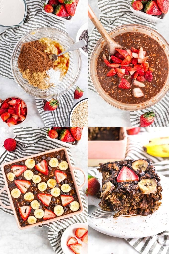 A collage showing how to make chocolate strawberry banana baked oatmeal from mixing together cocoa powder, mashed bananas, brown sugar, vanilla, salt, baking soda and baking powder, to stirring in the oats, strawberries and bananas, to pouring it in a baking dish, to baking it in the oven and serving a slice with a fork.