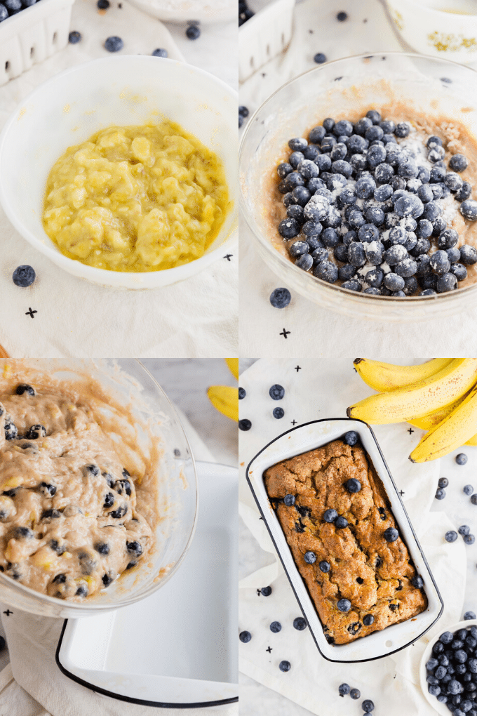 A collage showing how to make blueberry banana bread from mashing the bananas to adding blueberries to the batter, to pouring the batter into the loaf pan to baking the bread.