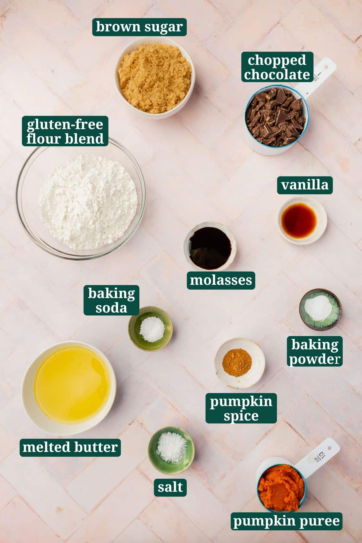 Ingredients in small bowls to make gluten-free pumpkin chocolate chip cookies with text overlays over each ingredient.