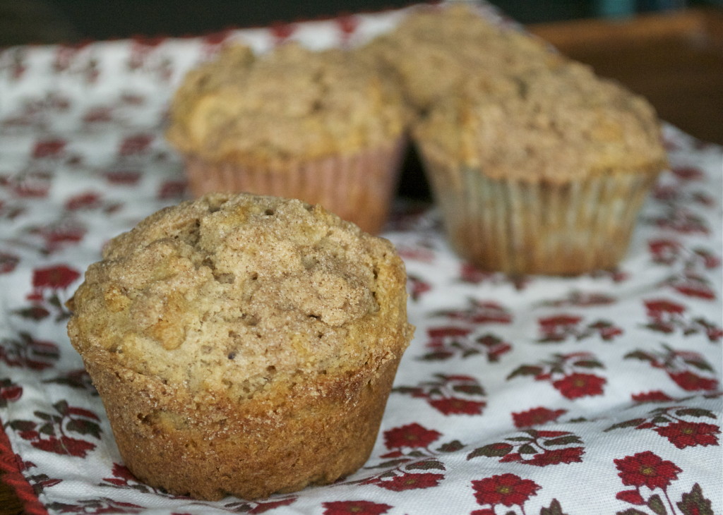 A close-up of a gluten-free cinnamon muffin with streusel topping sits on a floral-patterned cloth, while two more cinnamon muffins with streusel topping are blurred in the background.