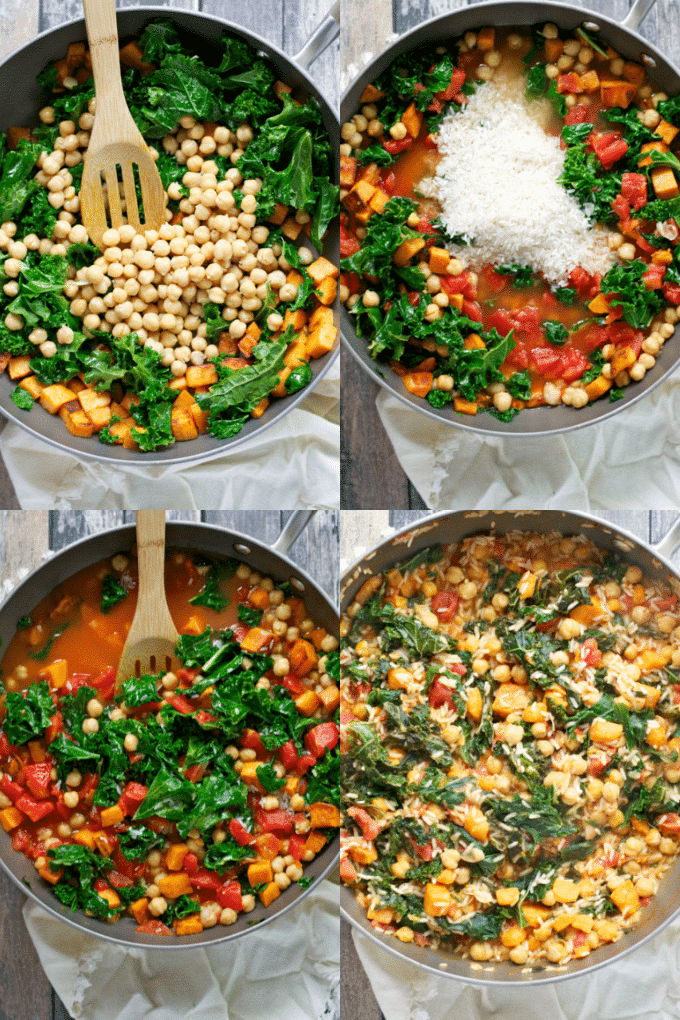 Four-photo collage showing the steps of making a One Pot Sweet Potato Skillet with kale, chickpeas, diced tomatoes, grated cheese, and broth in a pot, all stirred together with a wooden spoon.
