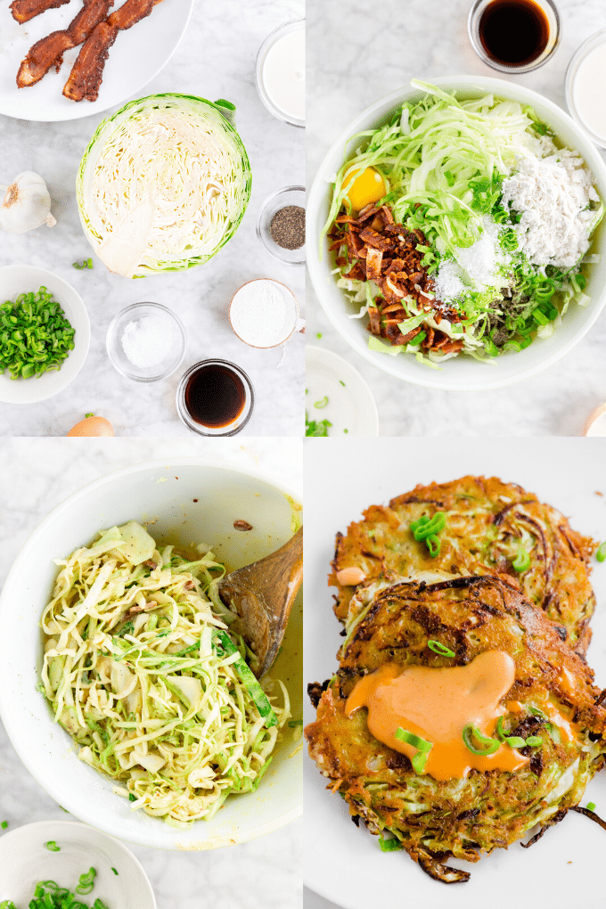A photo showing the steps to make gluten-free cabbage bacon fritters by first adding shredded cabbage, egg, cooked bacon, gluten-free flour, salt, pepper, garlic, tamari, and green onions to a large bowl, mixing it all together, and cooking in a skillet before topping with sriracha mayo.