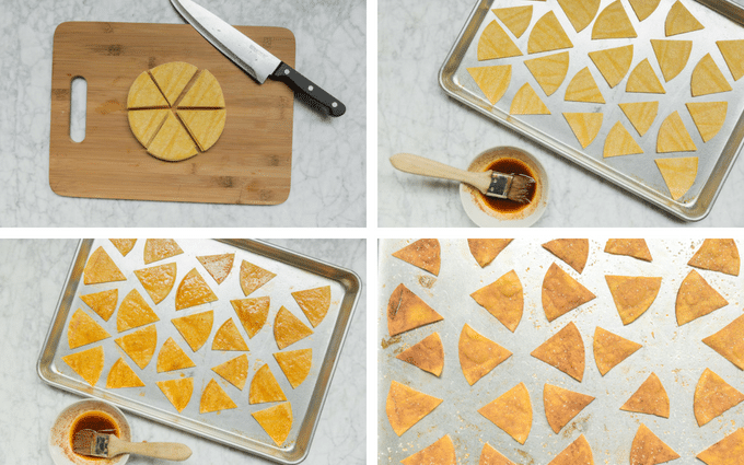 Four images show the process of making Baked Chili Lime Tortilla Chips: cutting tortillas into triangles, arranging them on a baking sheet, brushing with chili lime seasoning, and baked chips on the tray.