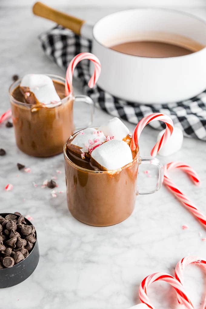 A mug of easy peppermint hot chocolate with candy canes and marshmallows with sprinkle of chocolate chips.