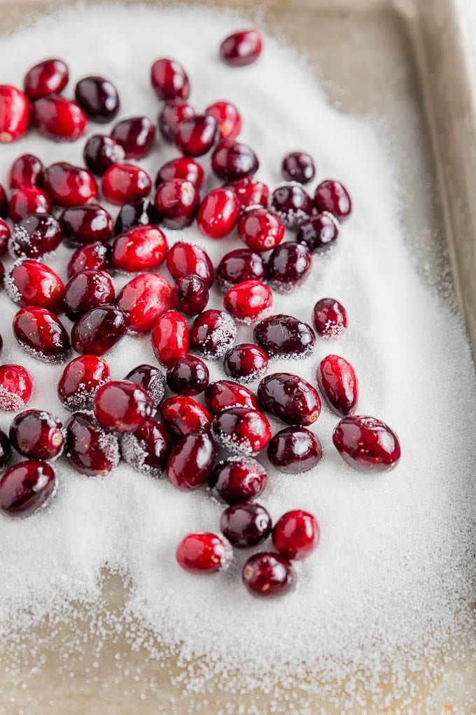 Fresh cranberries soaked in simple syrup on a baking sheet ready to be rolled in granulated sugar for easy sugared cranberries.