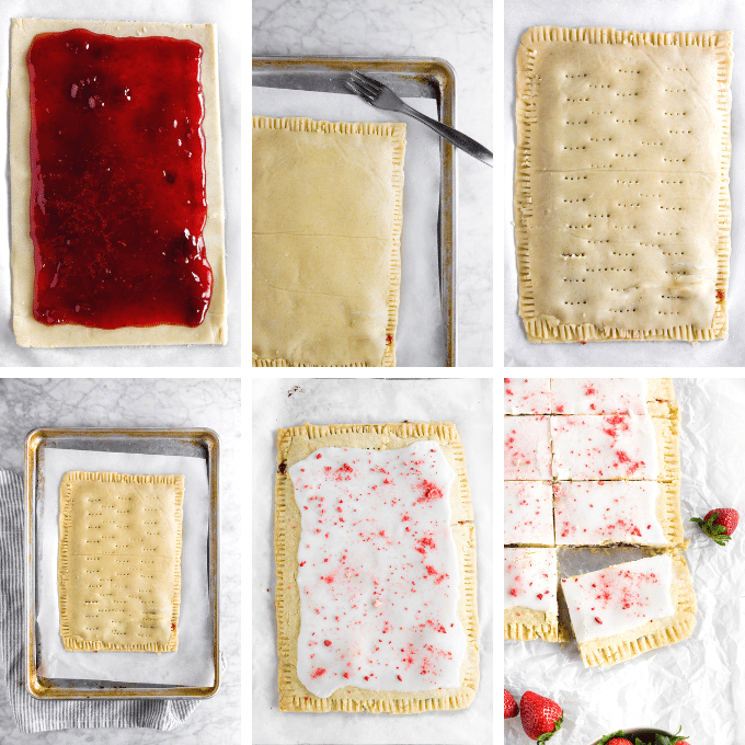 A collage photo showing the steps for creating a giant gluten-free strawberry pop tart from start to finish.