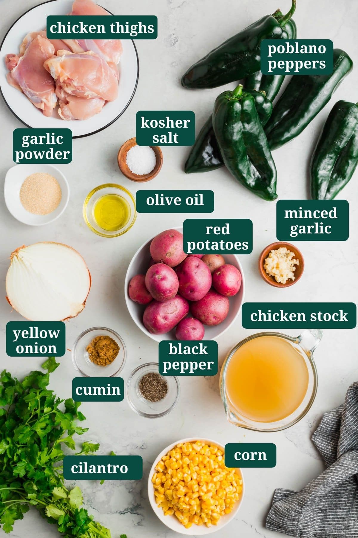 an overhead photo of ingredients for roasted poblano potato soup in bowls.