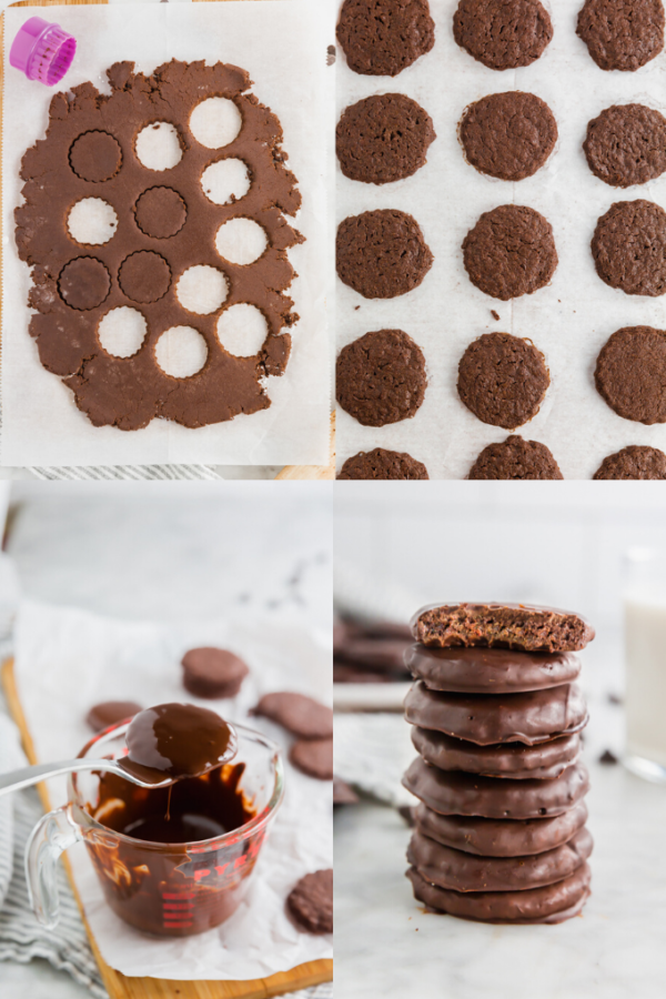 A collage showing the process of how to make gluten-free girl scout thin mint cookies from rolling out the dough, to cutting into circles, to baking and then dipping in chocolate coating.