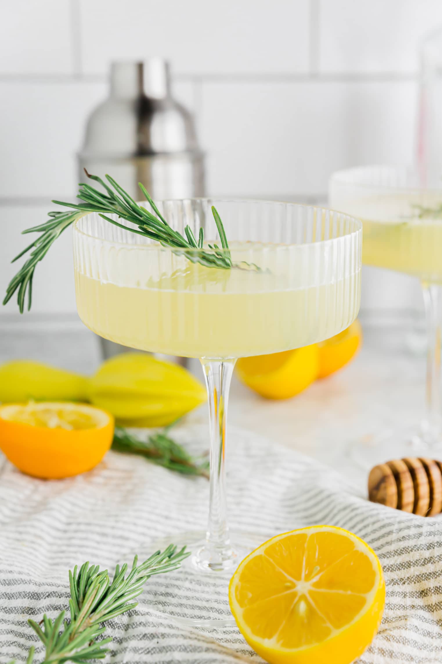 A photo of a cocktail glass with meyer lemon rosemary bees knees gin cocktail.
