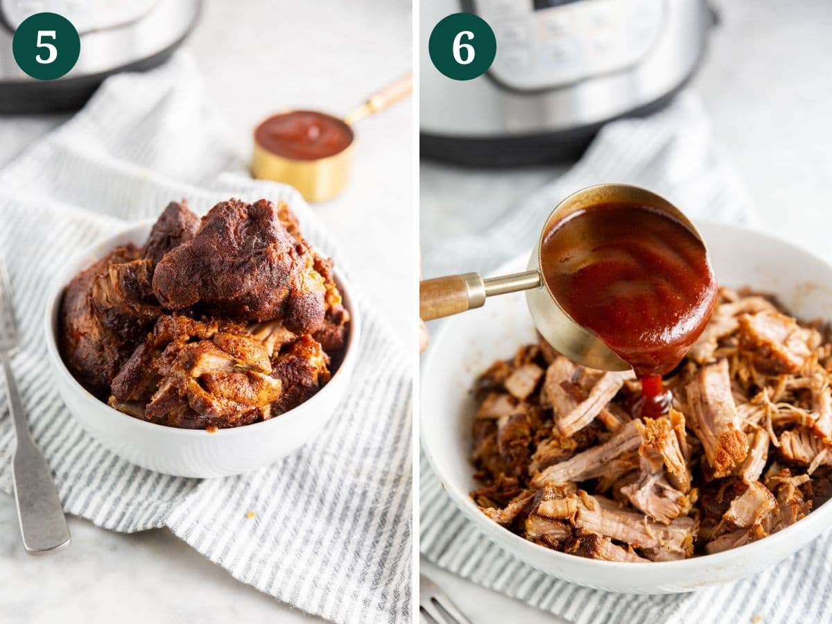 A collage showing instant pot bbq pulled pork being shredded and topped with bbq sauce.