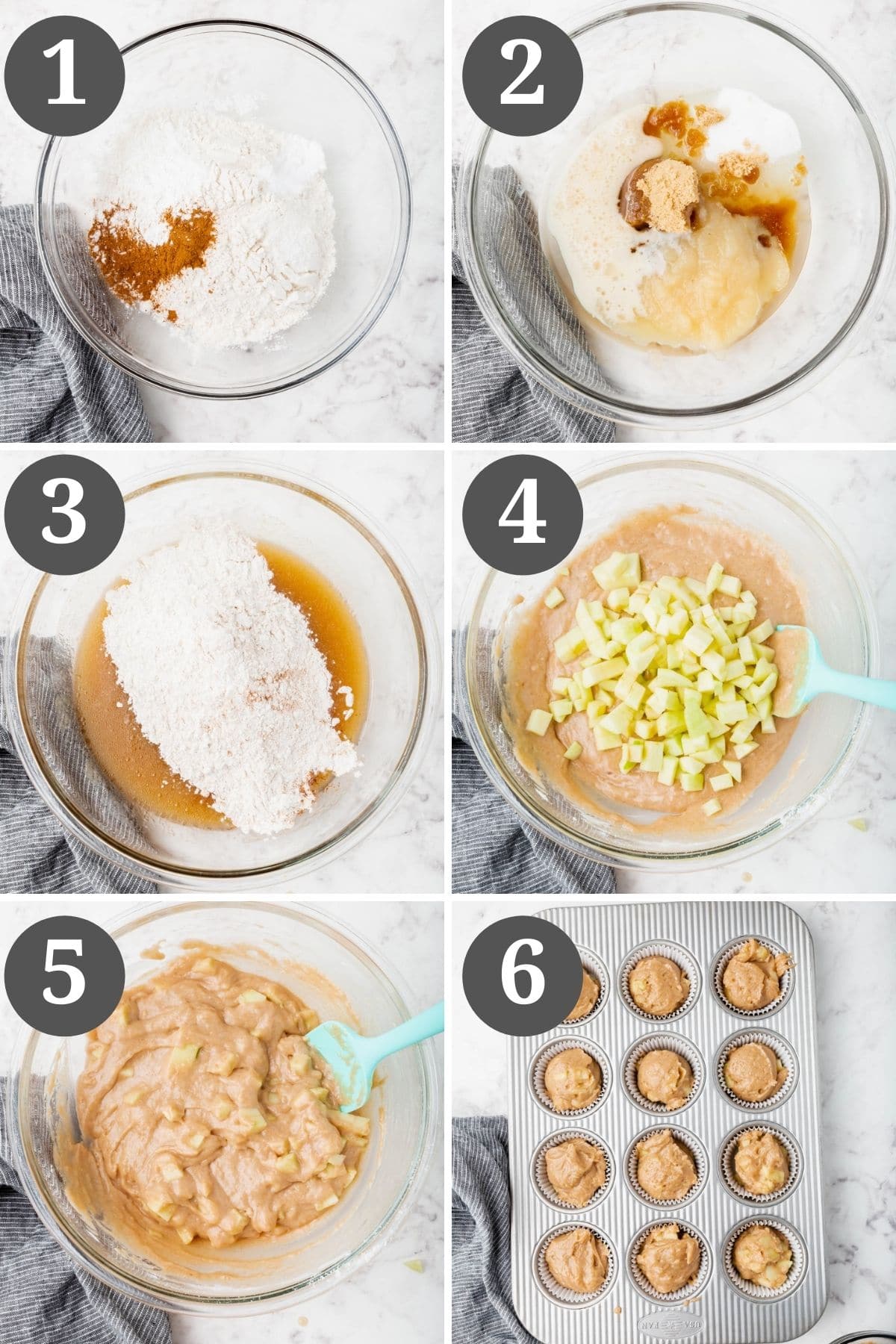 Collage showing how to make apple cinnamon muffins from combining the dry ingredients, the wet ingredients, adding apples to the bowl, and placing batter in a muffin pan for baking.