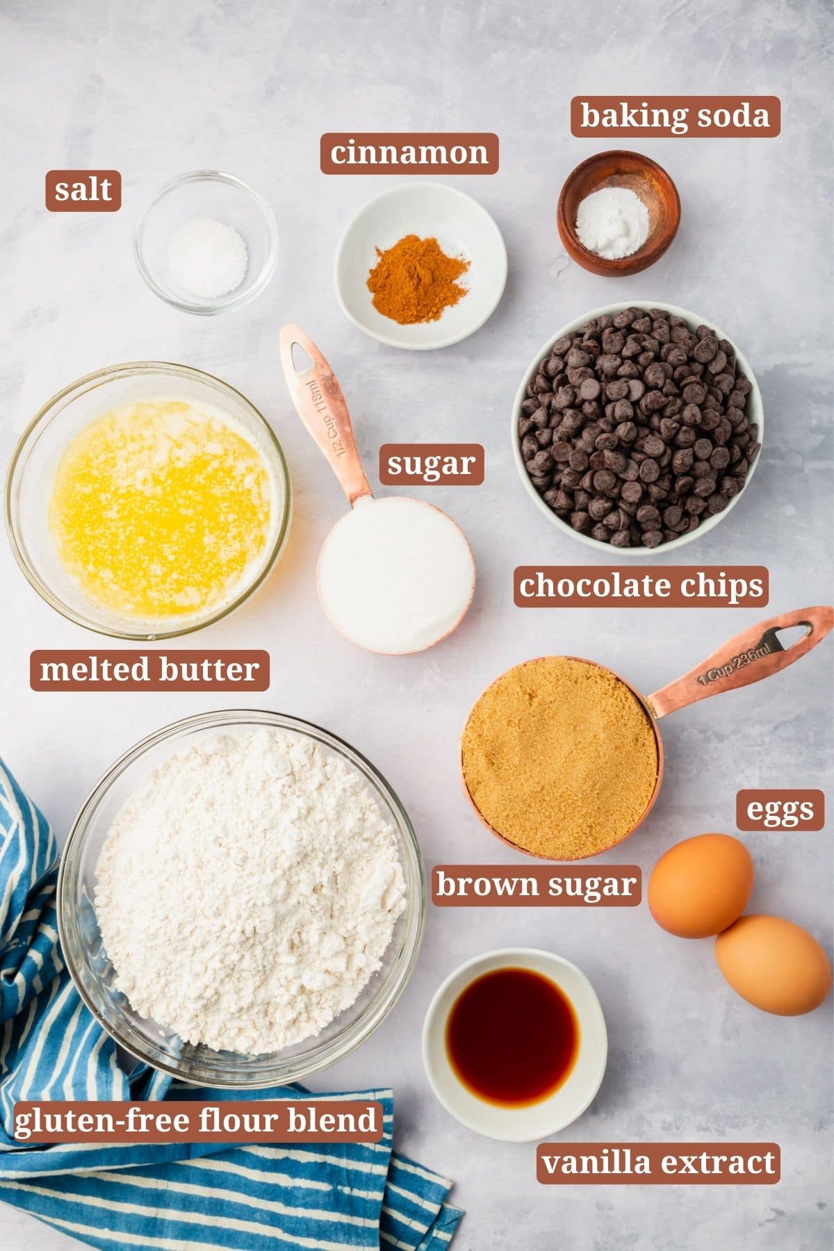 Ingredients for making gluten-free chocolate chip cookie bars.