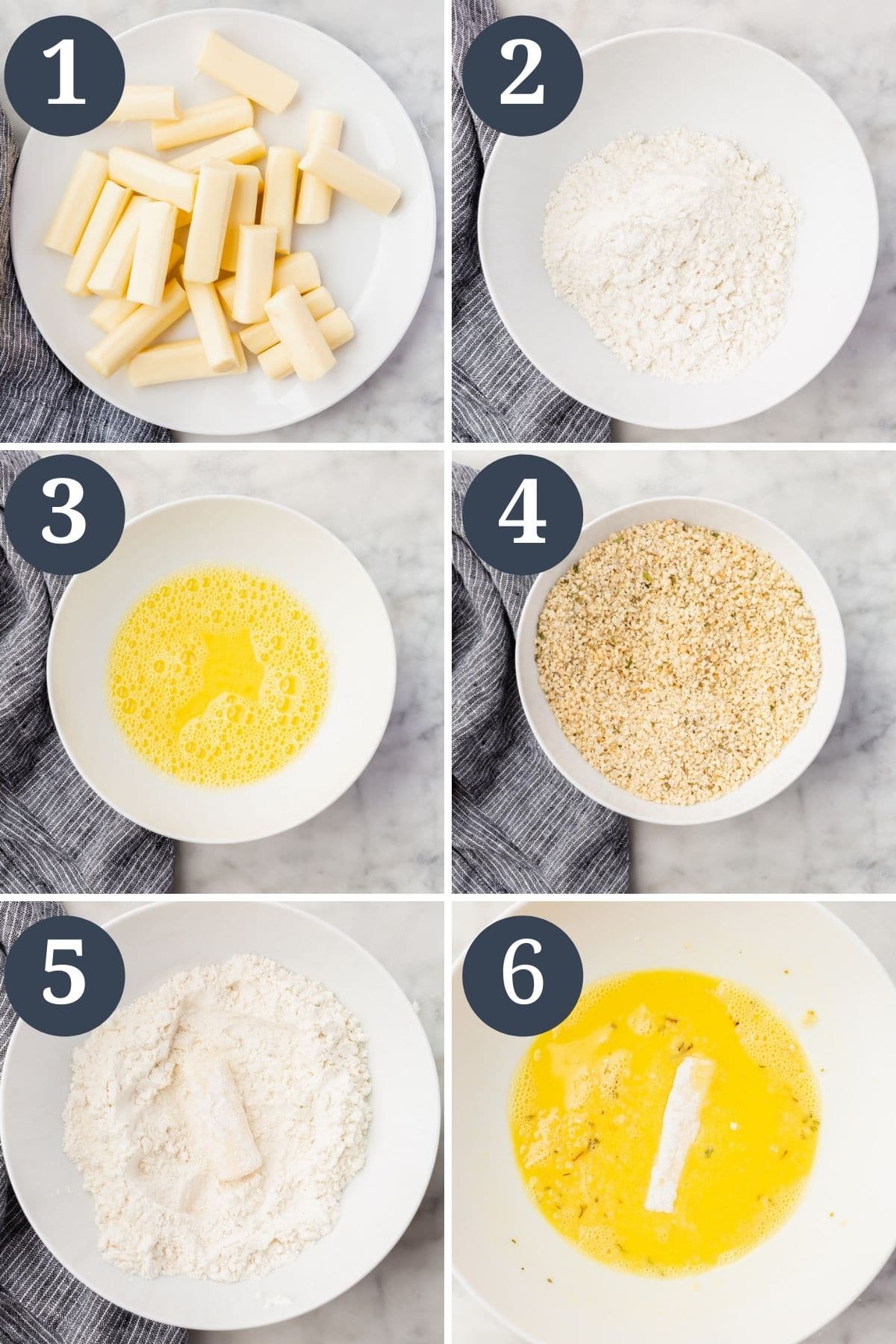 Steps 1-6 for making gluten-free mozzarella sticks.