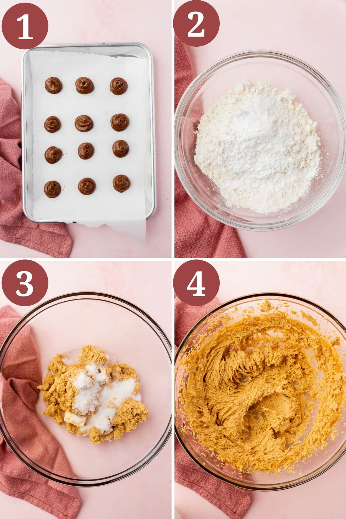 Steps 1-4 for making gluten-free nutella stuffed peanut butter cookies.