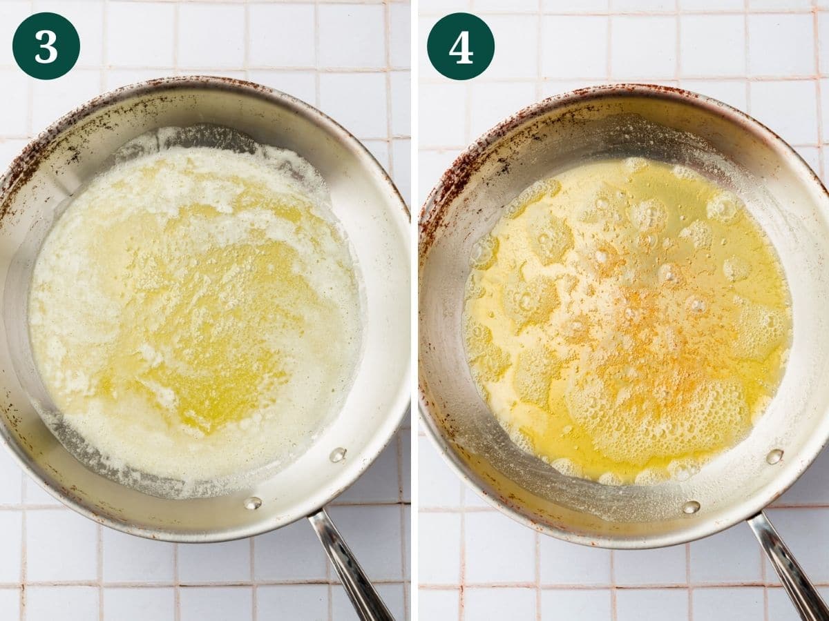 Photo collage of butter being browned in a skillet, the second photo being slightly more golden and browned than the first.