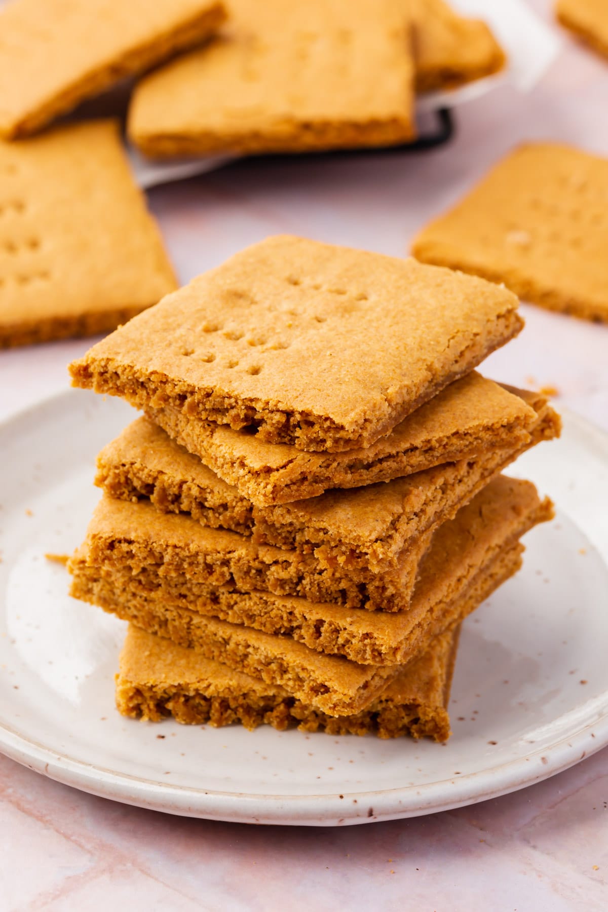 A stack of gluten-free graham crackers on a small pate.