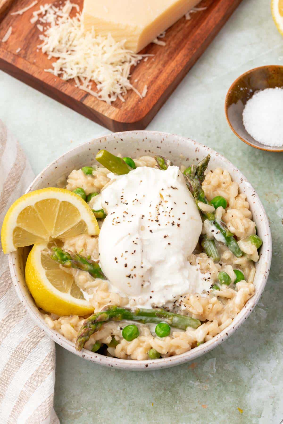 Asparagus and Pea Risotto with Burrata