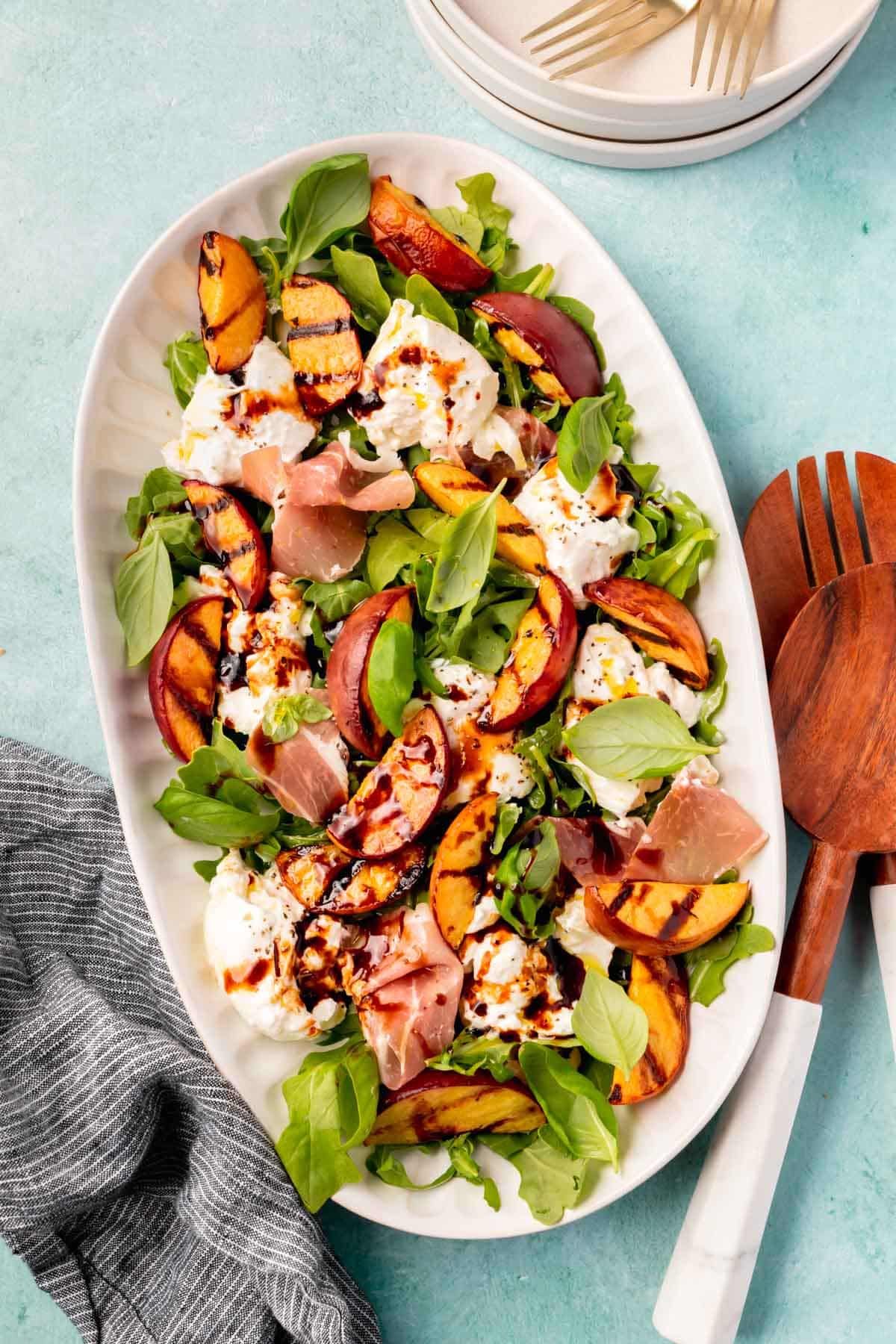 Grilled Peach Burrata Salad with Prosciutto and Arugula