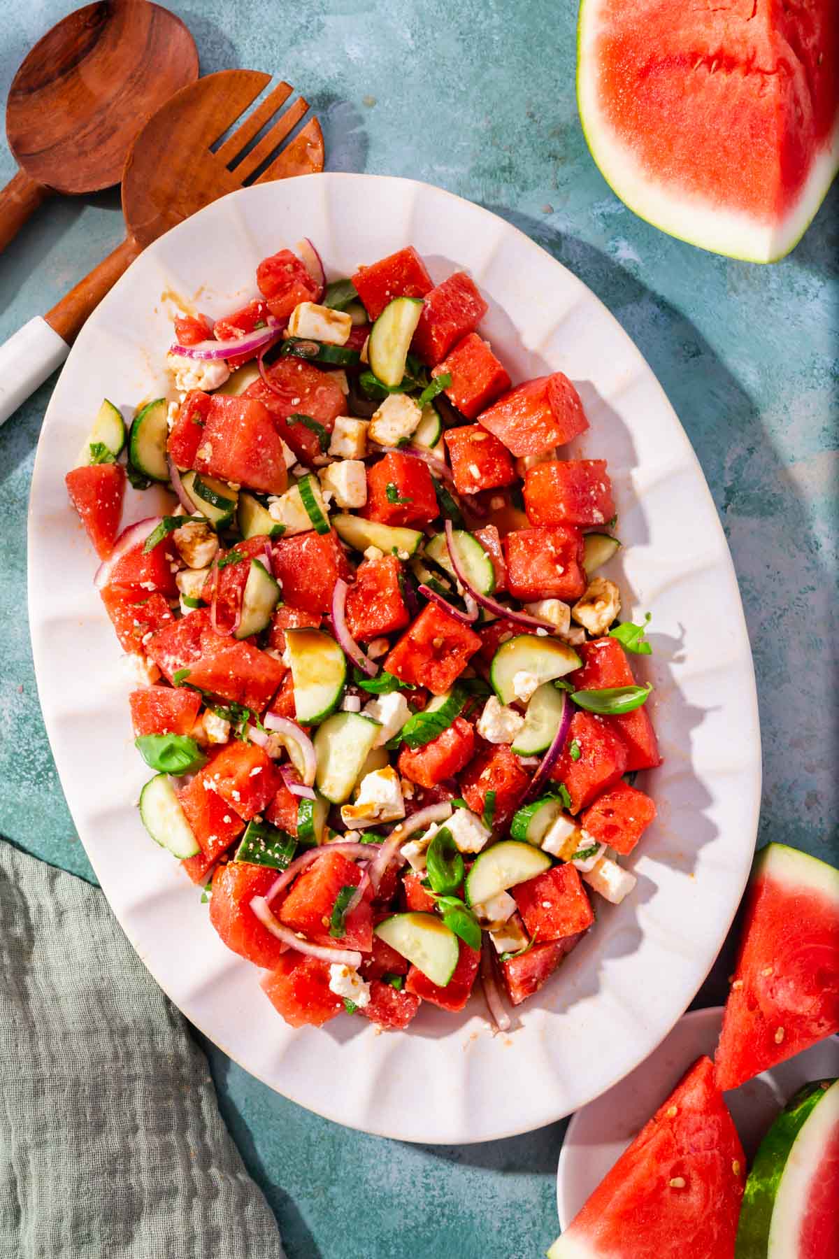Watermelon Basil Salad with Feta and Cucumber