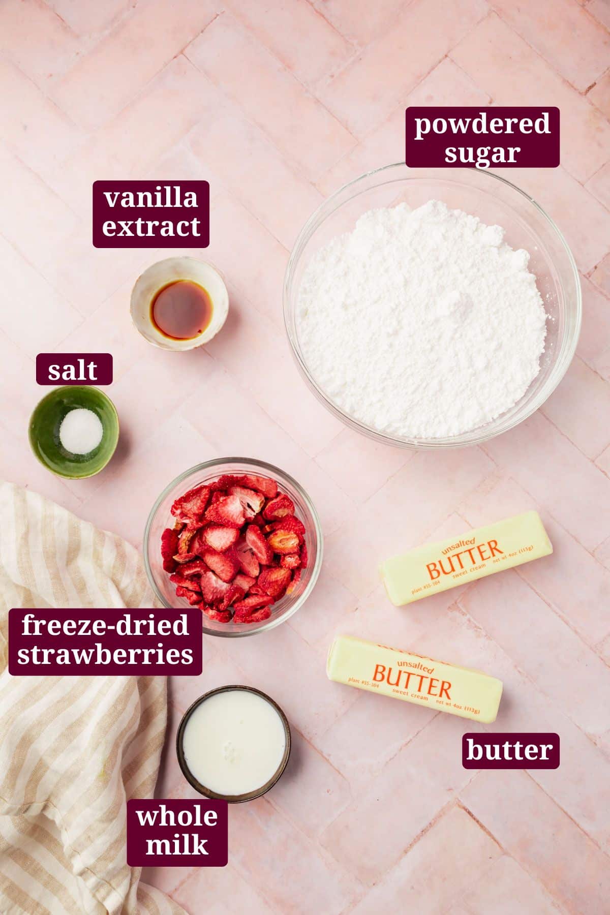 Overhead view of ingredients in bowls to make strawberry frosting with text overlays over each ingredient.