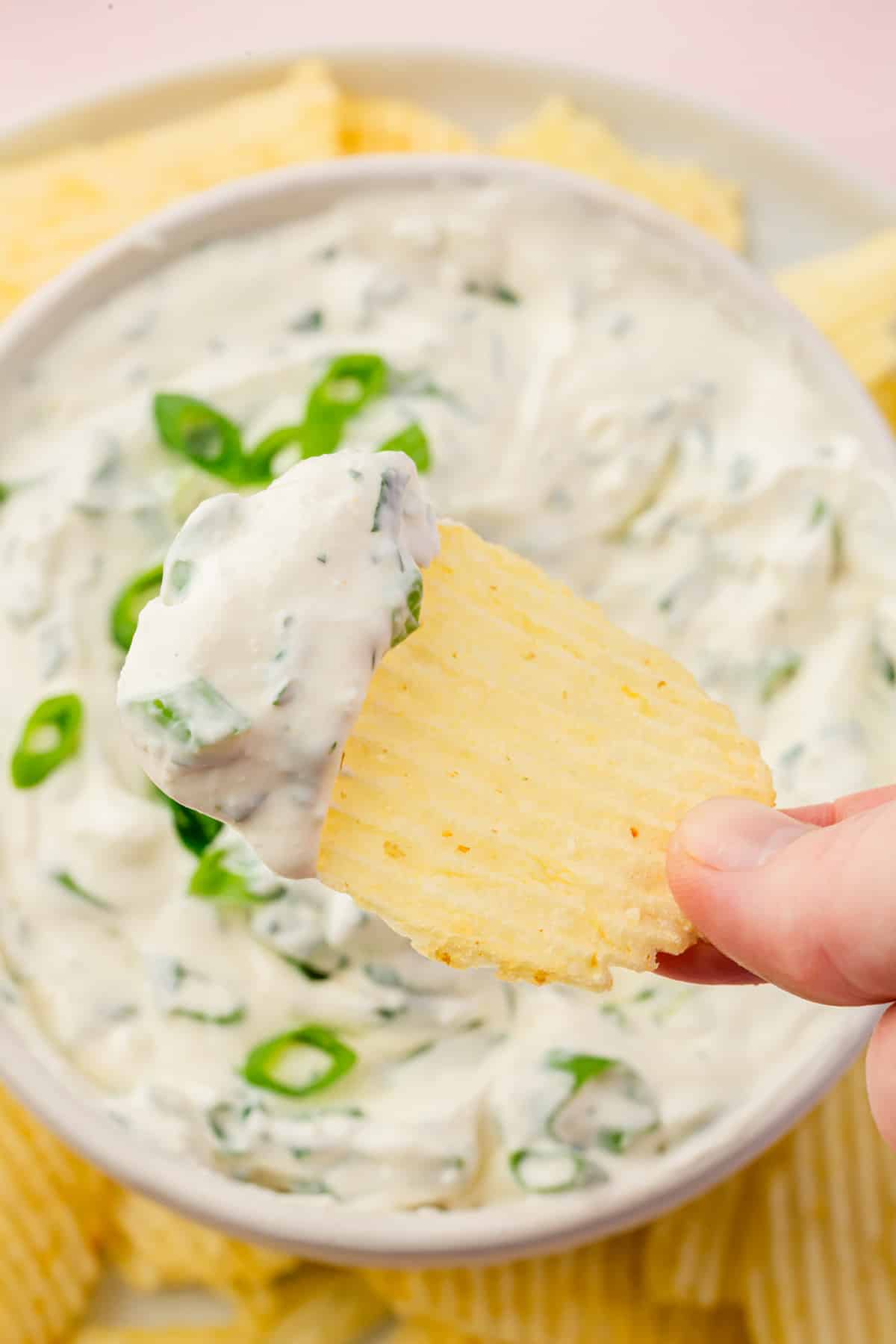 A hand holding a potato chip dipped into green onion dip over a larger bowl of dip.