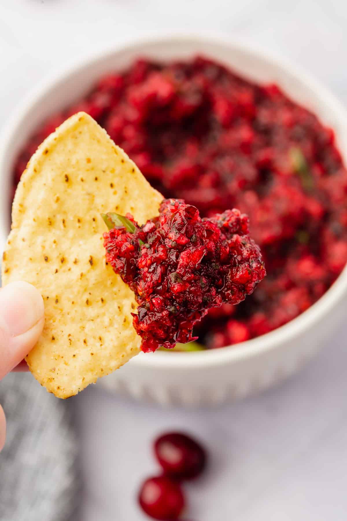 A tortilla chip with a scoop of cranberry salsa on it with a bowl of salsa below it.