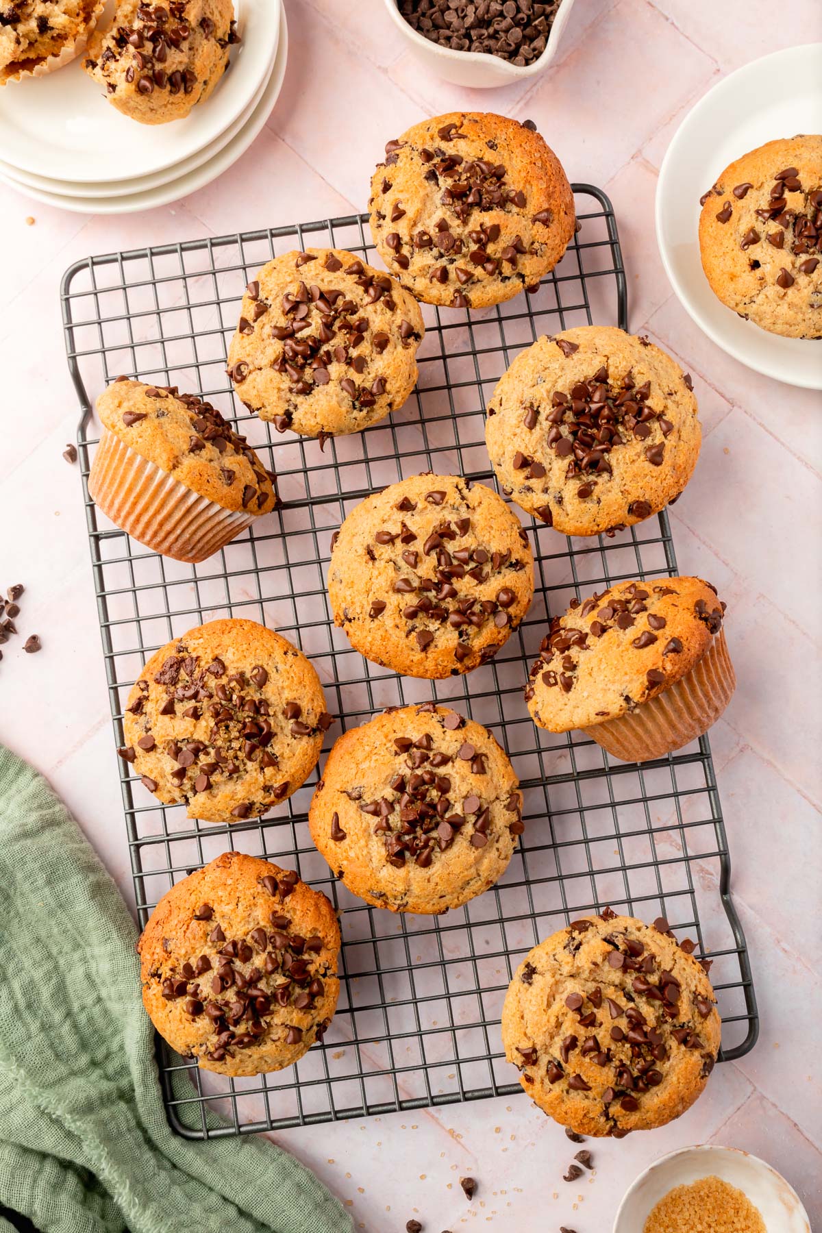An overhead view of gluten-free chocolate chip muffins on a cooling rack.