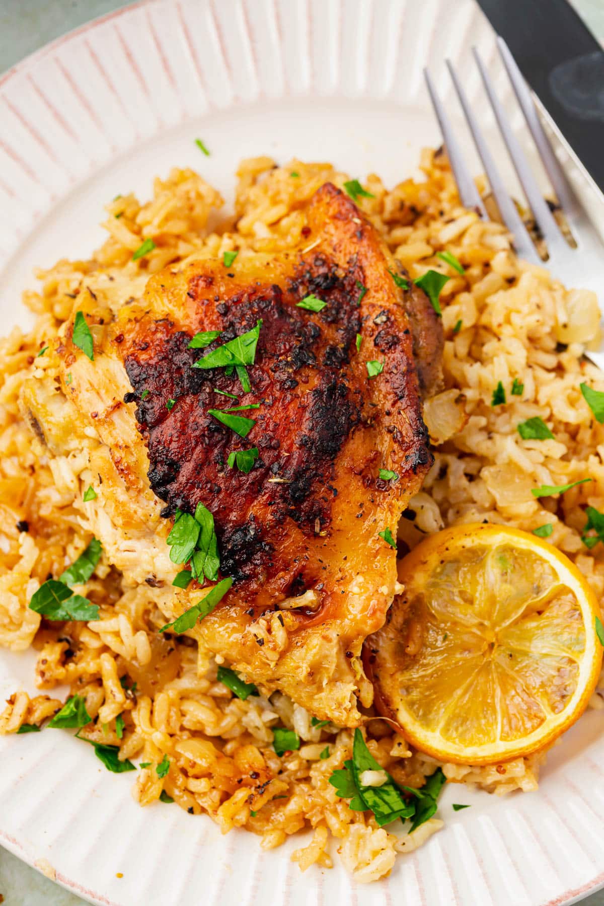 A dinner plate with a roasted chicken thigh on a bed of white rice with a charred lemon slice all topped with fresh parsley.