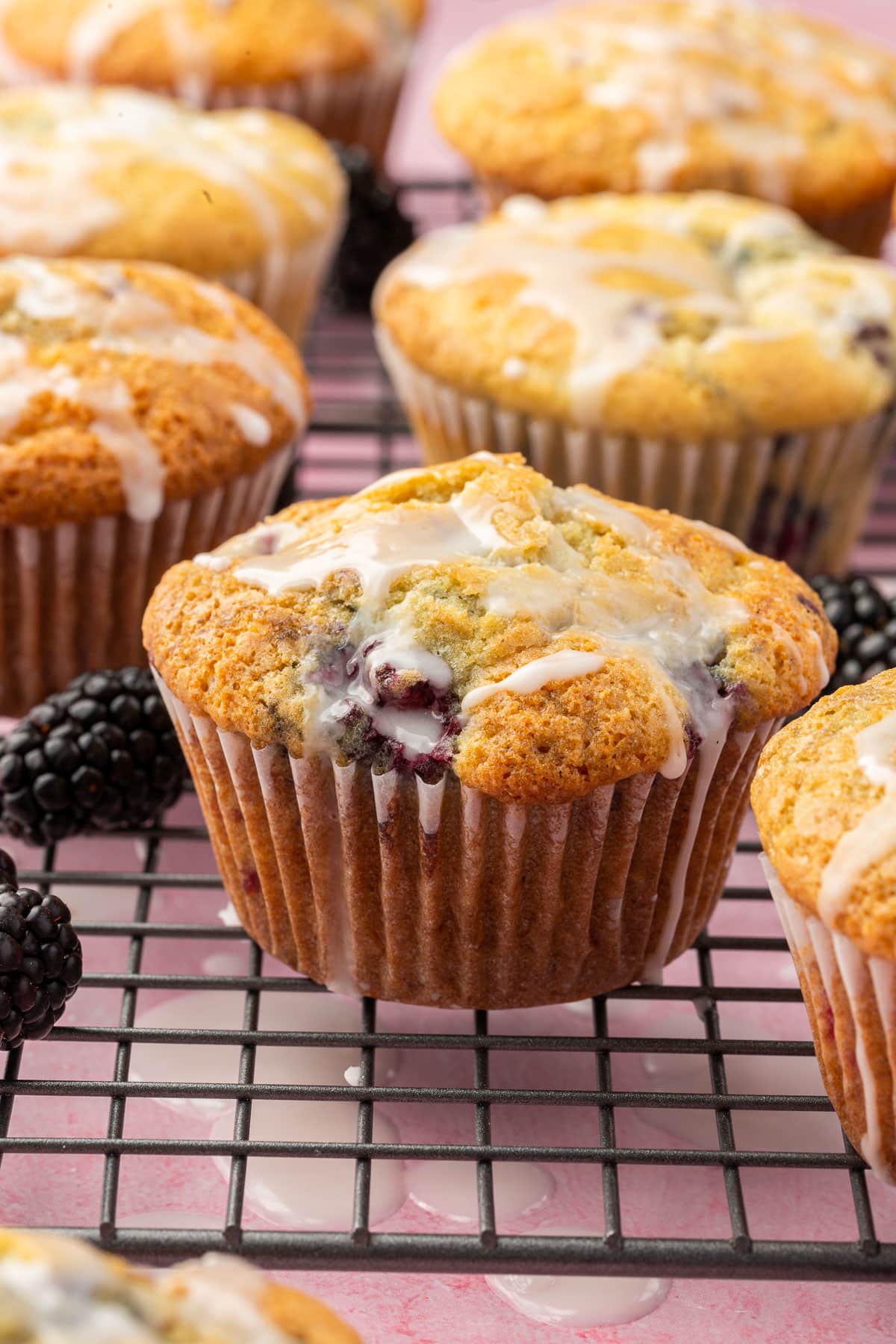Close-up of freshly baked gluten-free blackberry muffins with glaze on top, placed on a cooling rack with blackberries scattered around. The background is a soft pink surface.