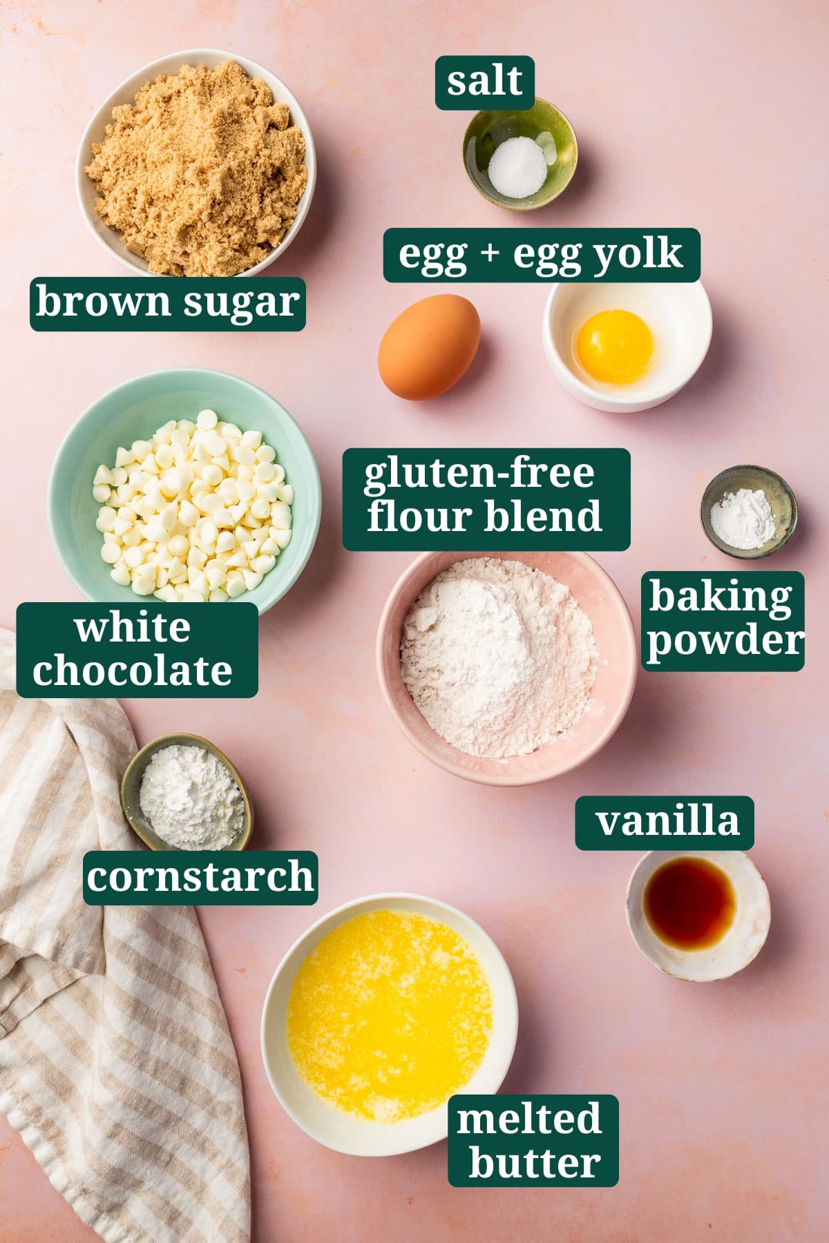 Ingredients in small bowls to make gluten-free blondies, including brown sugar, salt, eggs, white chocolate, gluten-free flour blend, baking powder, cornstarch, melted butter and vanilla with text overlays over each ingredient.