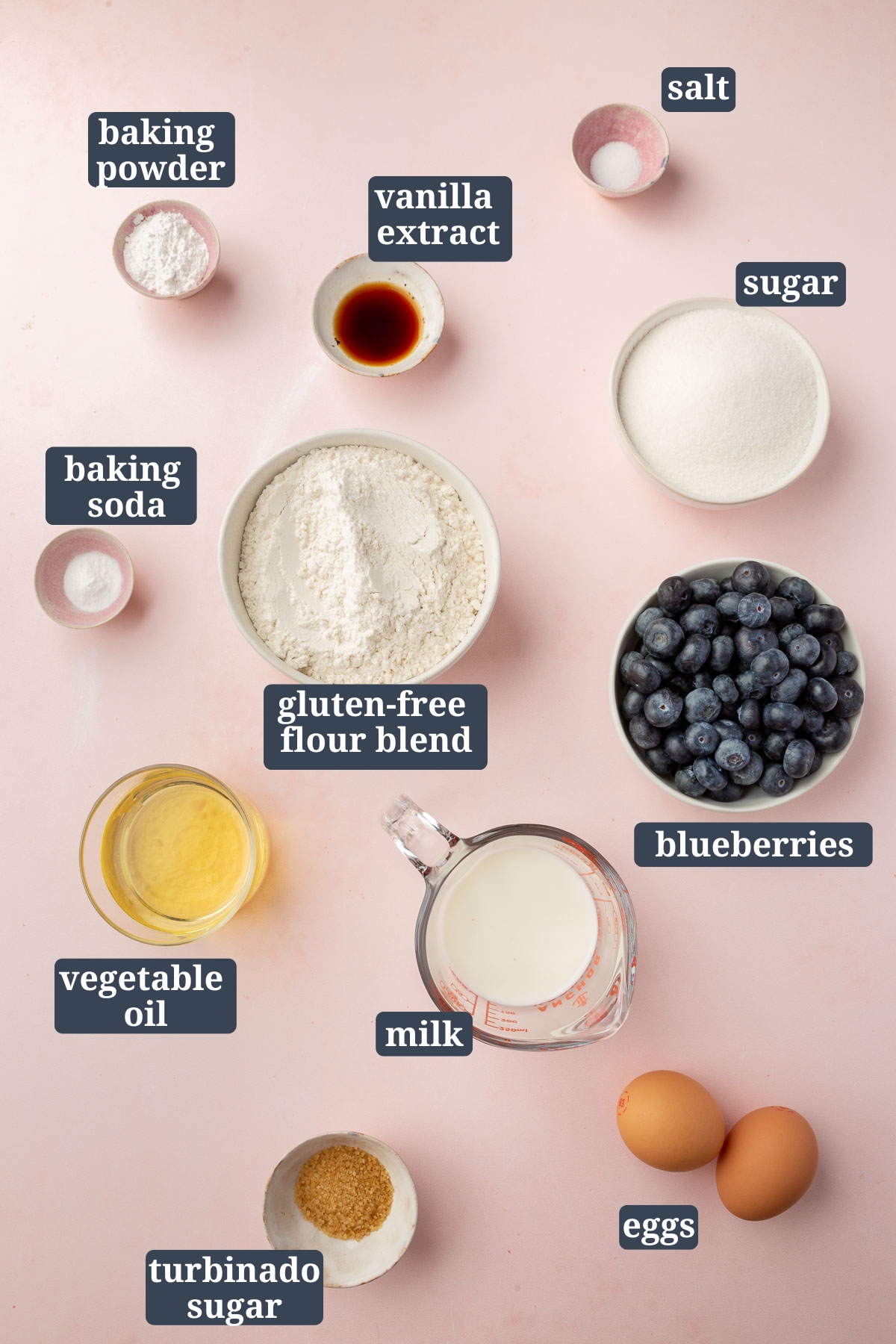 Ingredients in small bowls to make gluten free blueberry muffins, including baking powder, vanilla, salt, sugar, baking soda, gluten-free flour blend, blueberries, milk, vegetable oil, turbinado sugar, and eggs with text overlays over each ingredient.