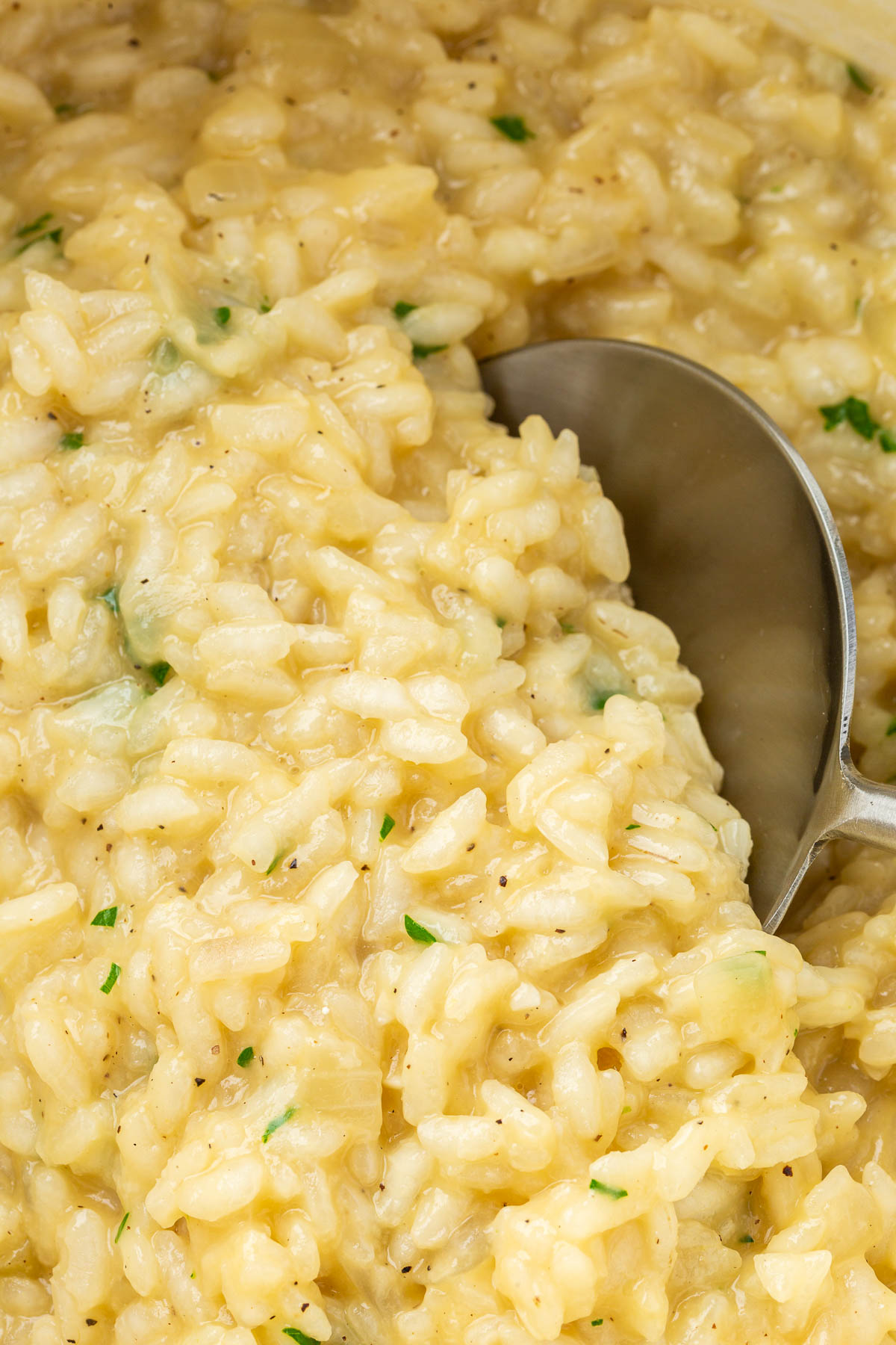 A close up of gluten free risotto with parmesan, black pepper and parsley with a large serving spoon.