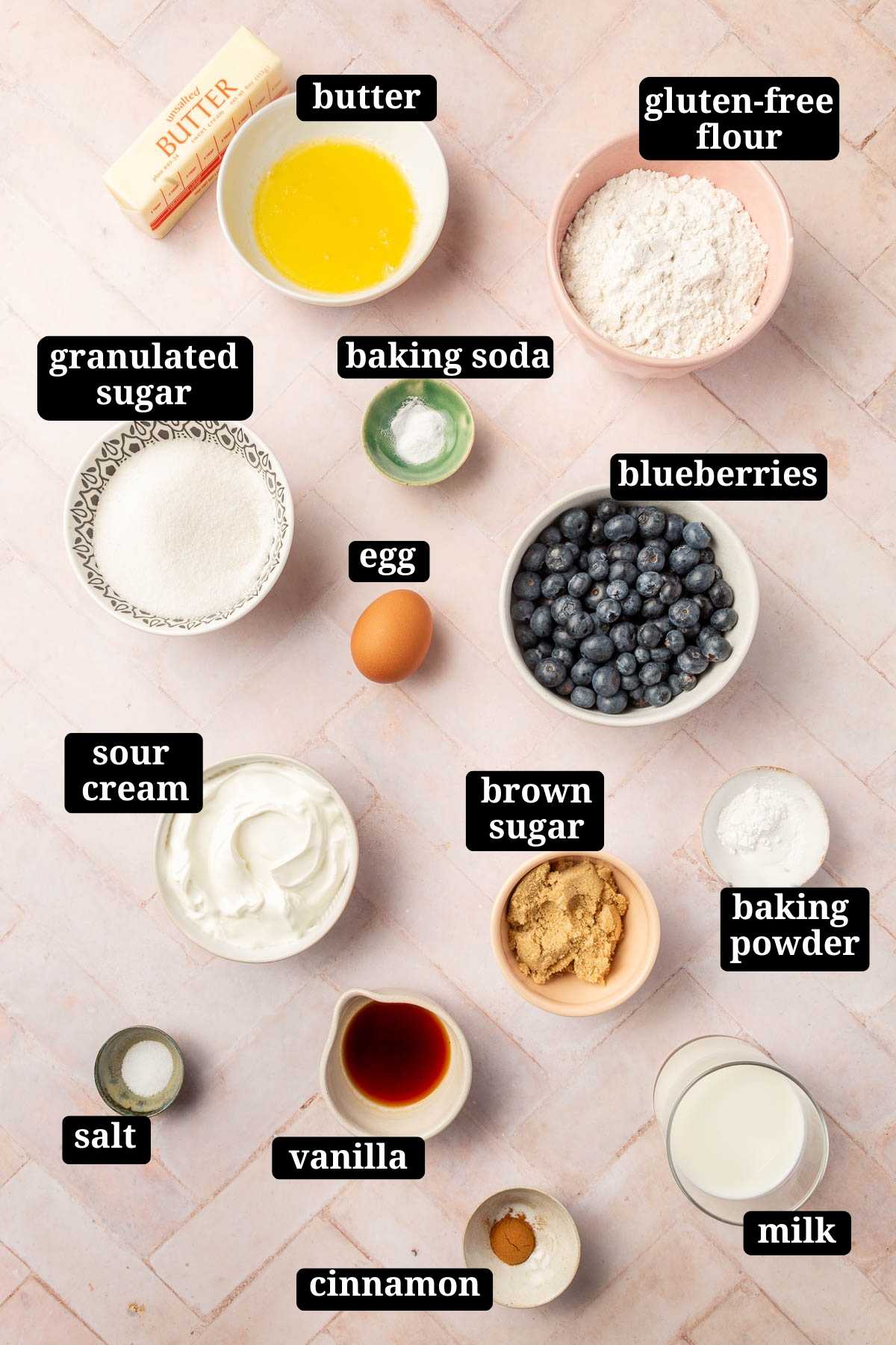 An overhead view of ingredients in small bowls to make gluten-free blueberry coffee cake, including butter, gluten-free flour, baking soda, granulated sugar, egg, blueberries, sour cream baking powder, brown sugar, vanilla, salt, cinnamon and milk with text overlays over each ingredient.