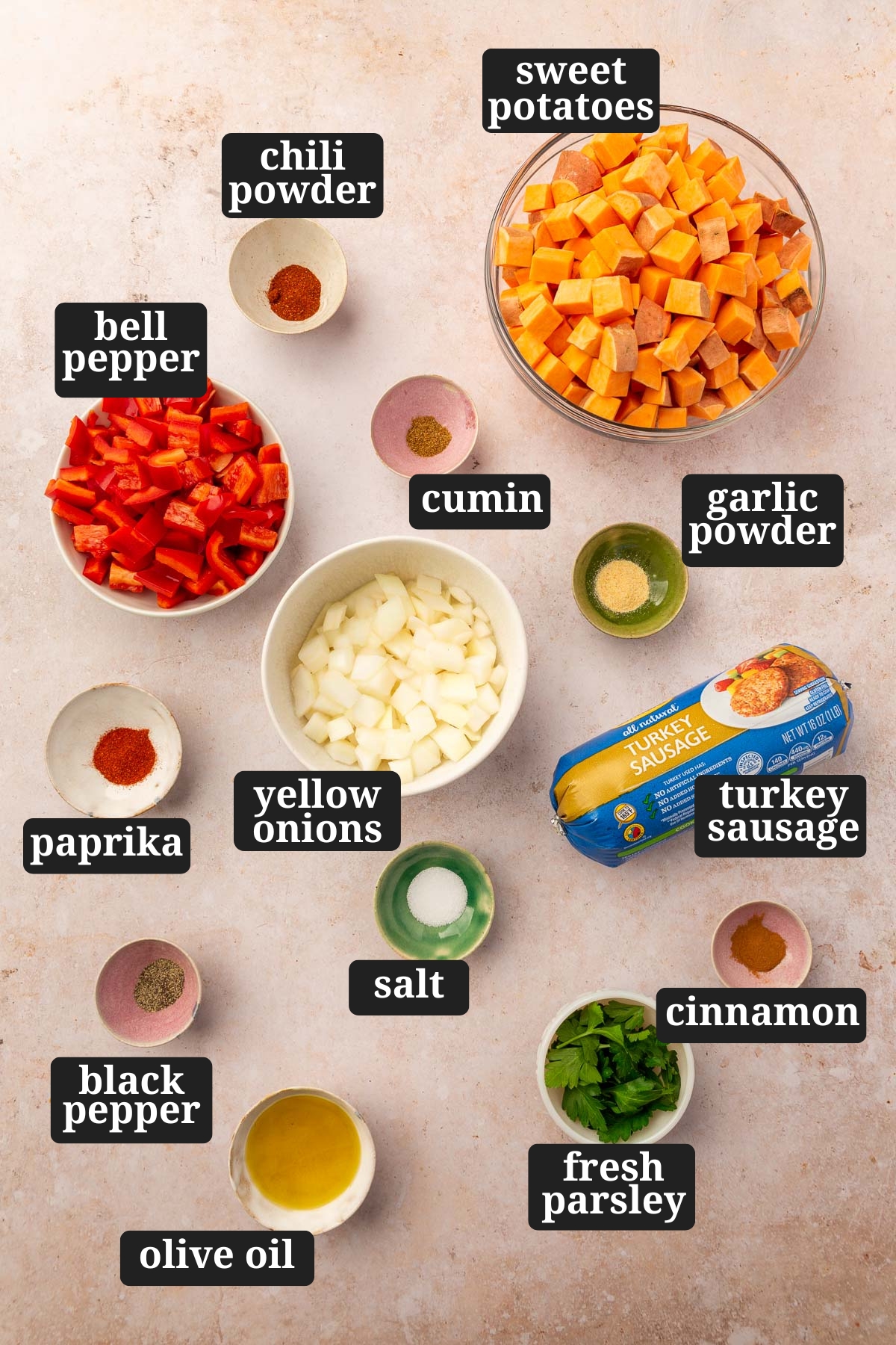 Ingredients in small bowls to make sausage sweet potato hash, including chili powder, sweet potatoes, bell pepper, cumin, garlic powder, yellow onions, paprika, salt, turkey sausage, black pepper, salt, cinnamon, olive oil and fresh parsley with text overlays over each ingredient.