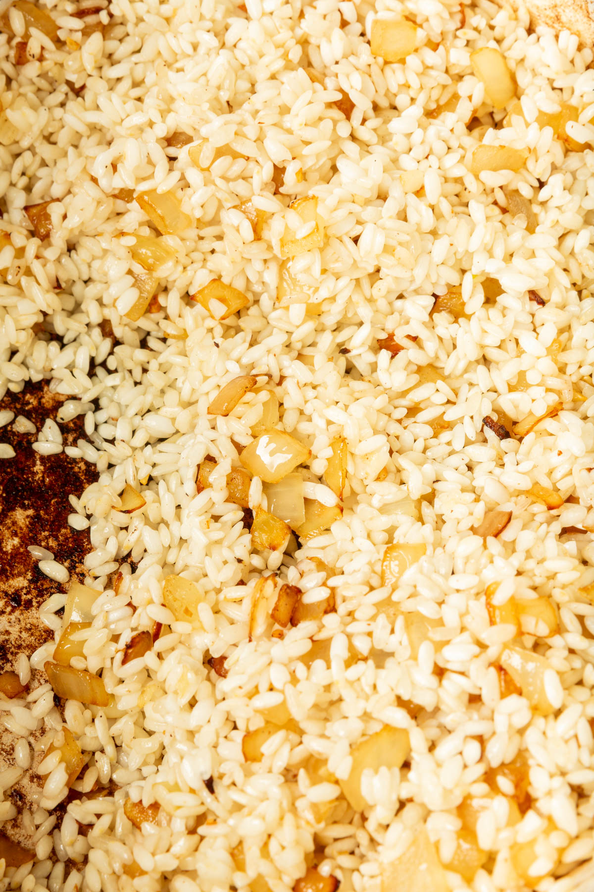Close up image of arborio rice and yellow onion.