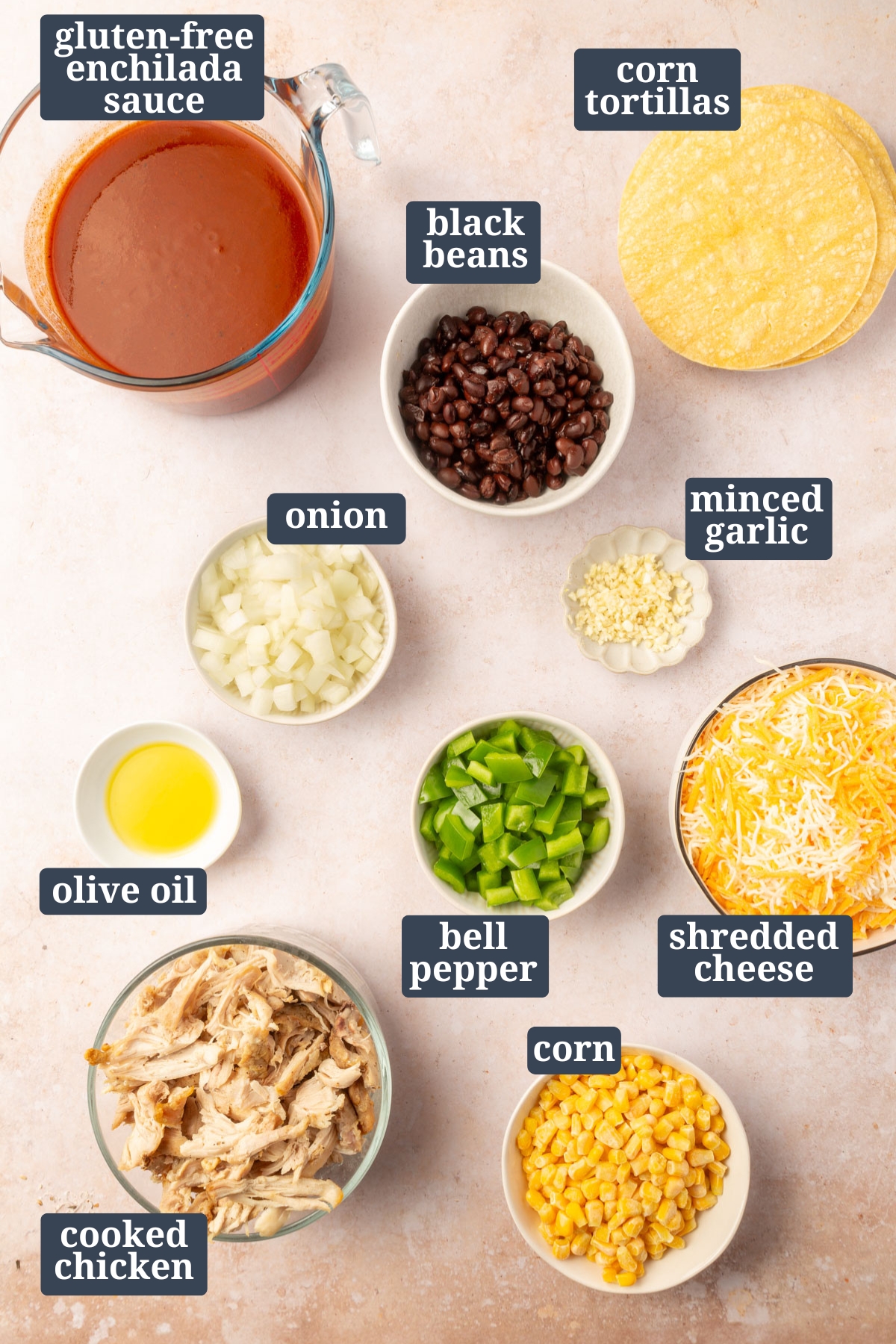 Chicken enchilada casserole ingredients including: gluten-free enchilada sauce, corn tortillas, black beans, onion, minced garlic, olive oil, bell pepper, shredded cheese, corn and cooked chicken.