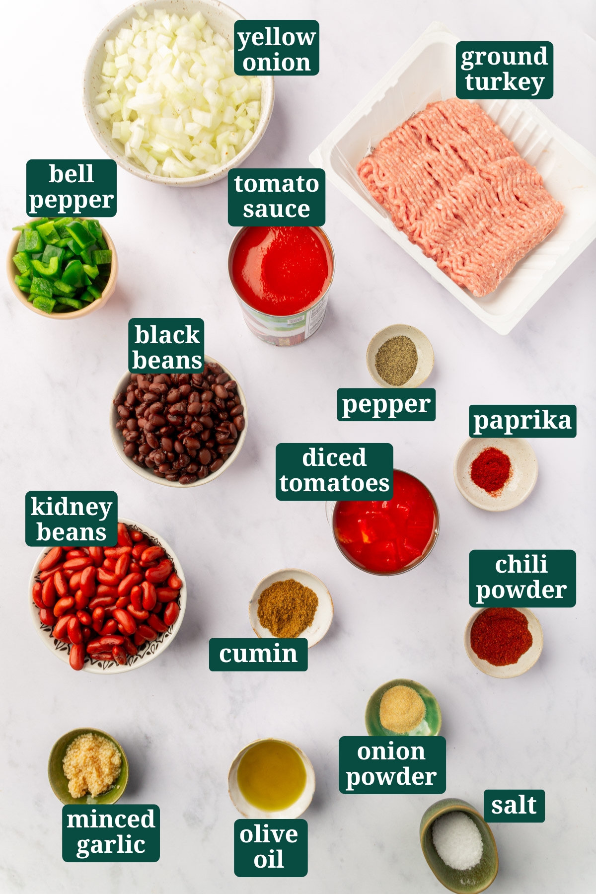 Image of ingredients needed to make slow cooker turkey chili including: yellow onion, ground turkey, bell pepper, tomato sauce, pepper, paprika, black beans, diced tomatoes, chili powder, cumin, kidney beans, onion powder, salt, olive oil, minced garlic.
