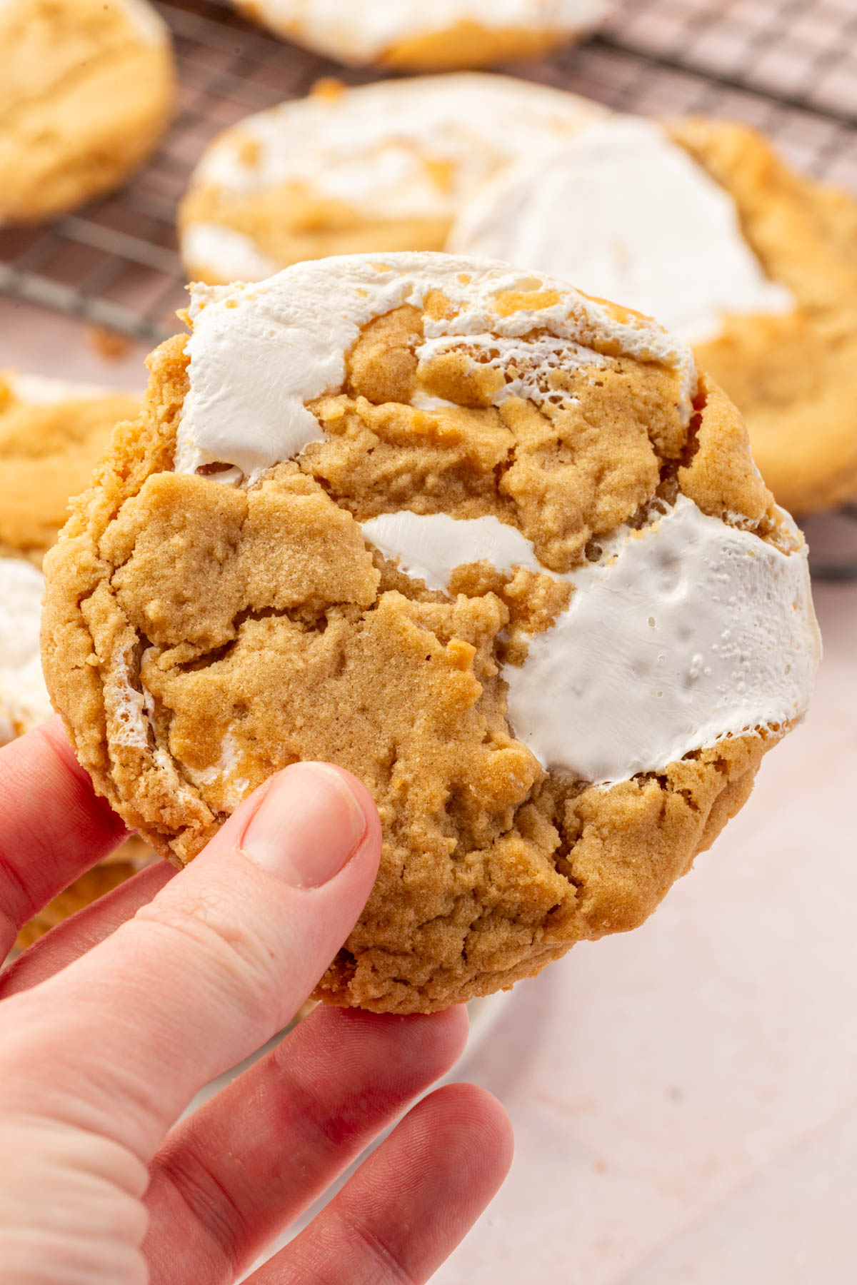 Image of a person holding a gluten-free fluffernutter cookie.