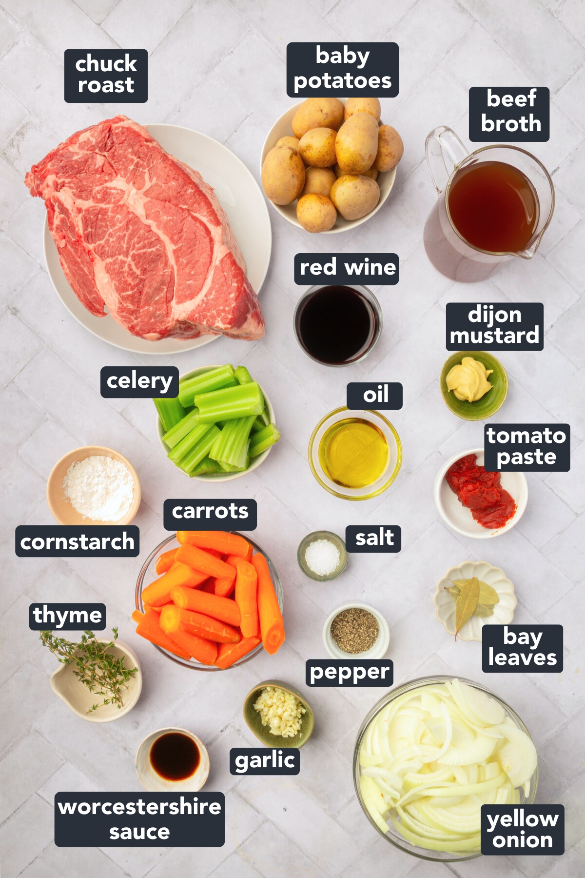 Image of ingredients needed for gluten-free pot roast including chuck roast, baby potatoes, beef broth, red wine, dijon mustard, oil, tomato paste, celery, cornstarch, carrots, salt, pepper, bay leaves, garlic, thyme, yellow onion, and Worcestershire sauce.