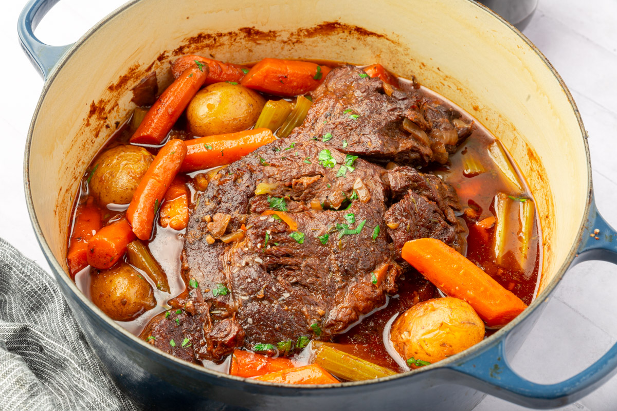 Image of pot roast in large dutch oven.