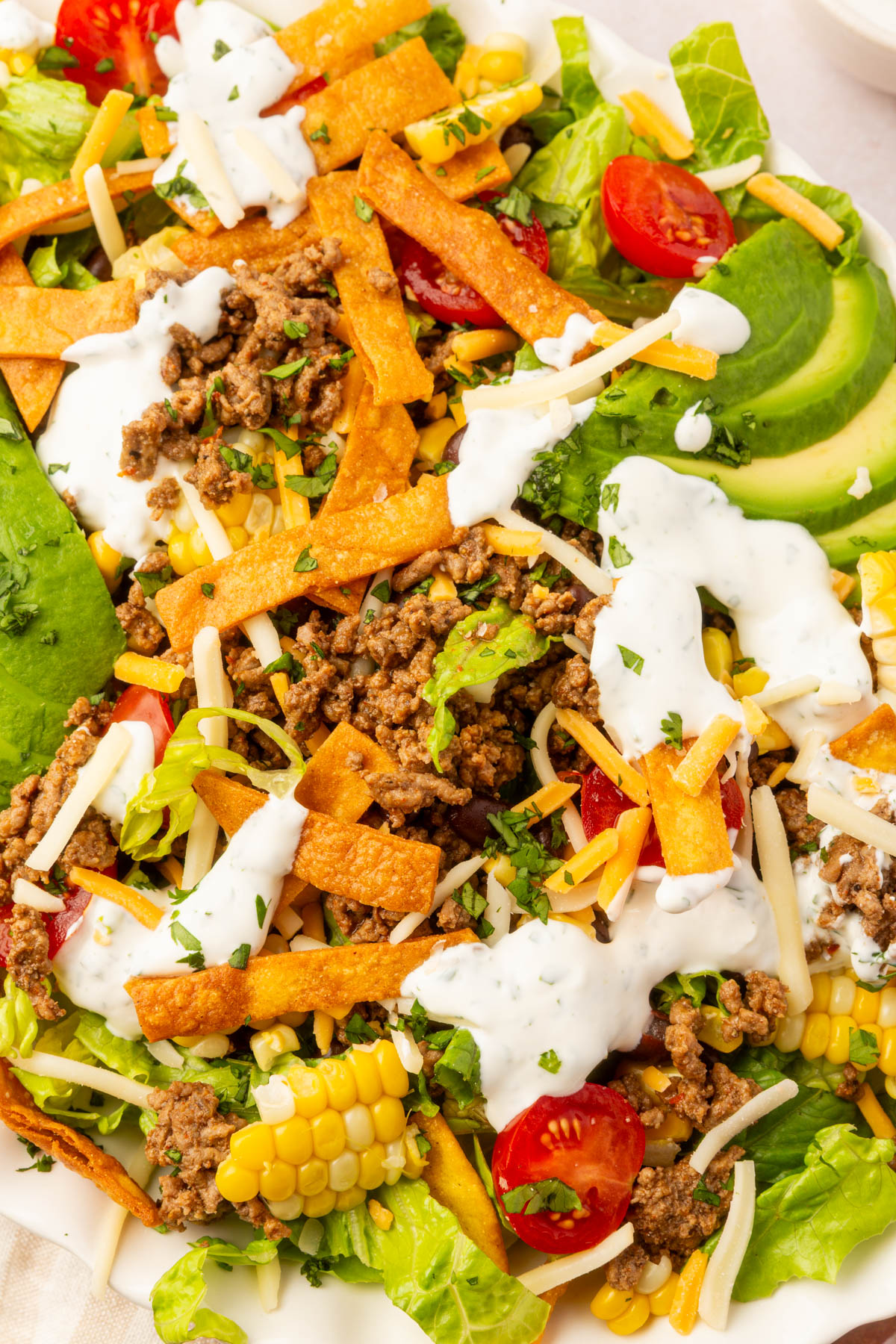 Close-up of gluten-free taco salad with fresh lettuce, seasoned ground beef, sweet corn, avocado, cherry tomatoes, and crunchy tortilla strips.