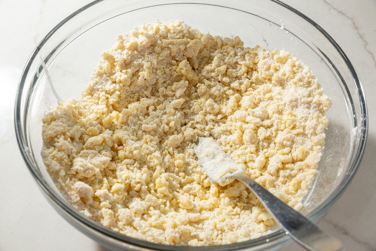 Close-up of crumbly gluten-free wonton wrapper dough in a glass bowl before fully kneading.