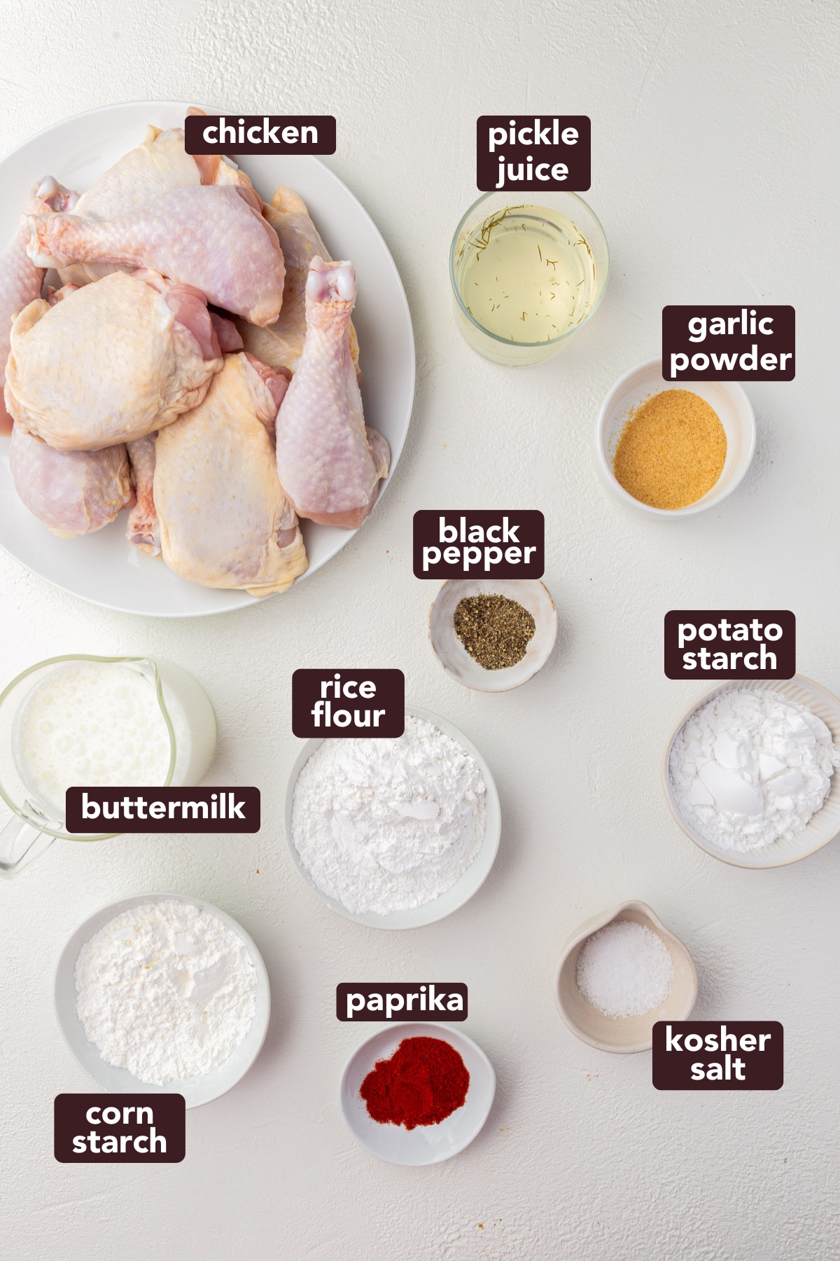 Ingredients for gluten-free fried chicken including raw chicken, buttermilk, pickle juice, rice flour, potato starch, cornstarch and spices.