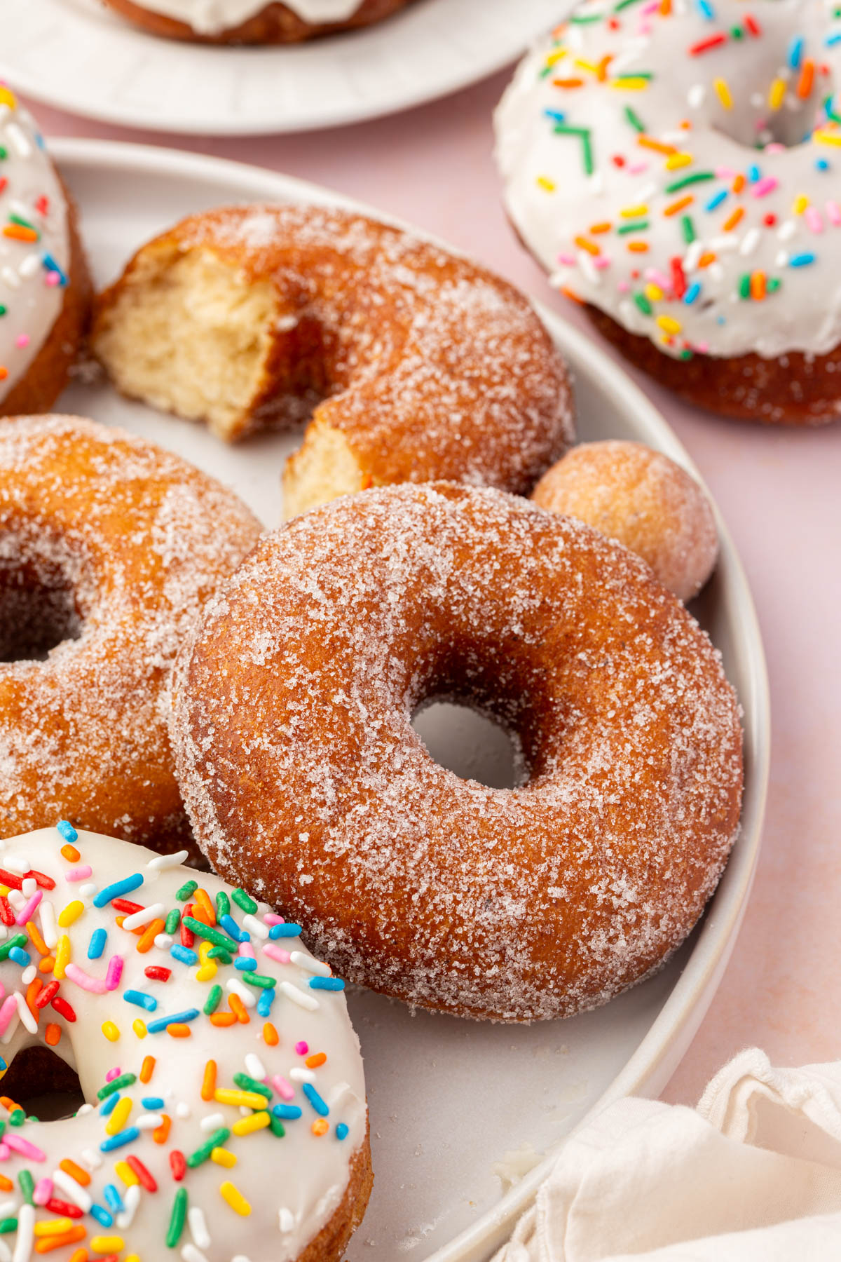 A plate of assorted donuts, including sugar-coated and white-frosted with colorful sprinkles. One donut has a bite taken out of it and a small donut hole sits nearby.