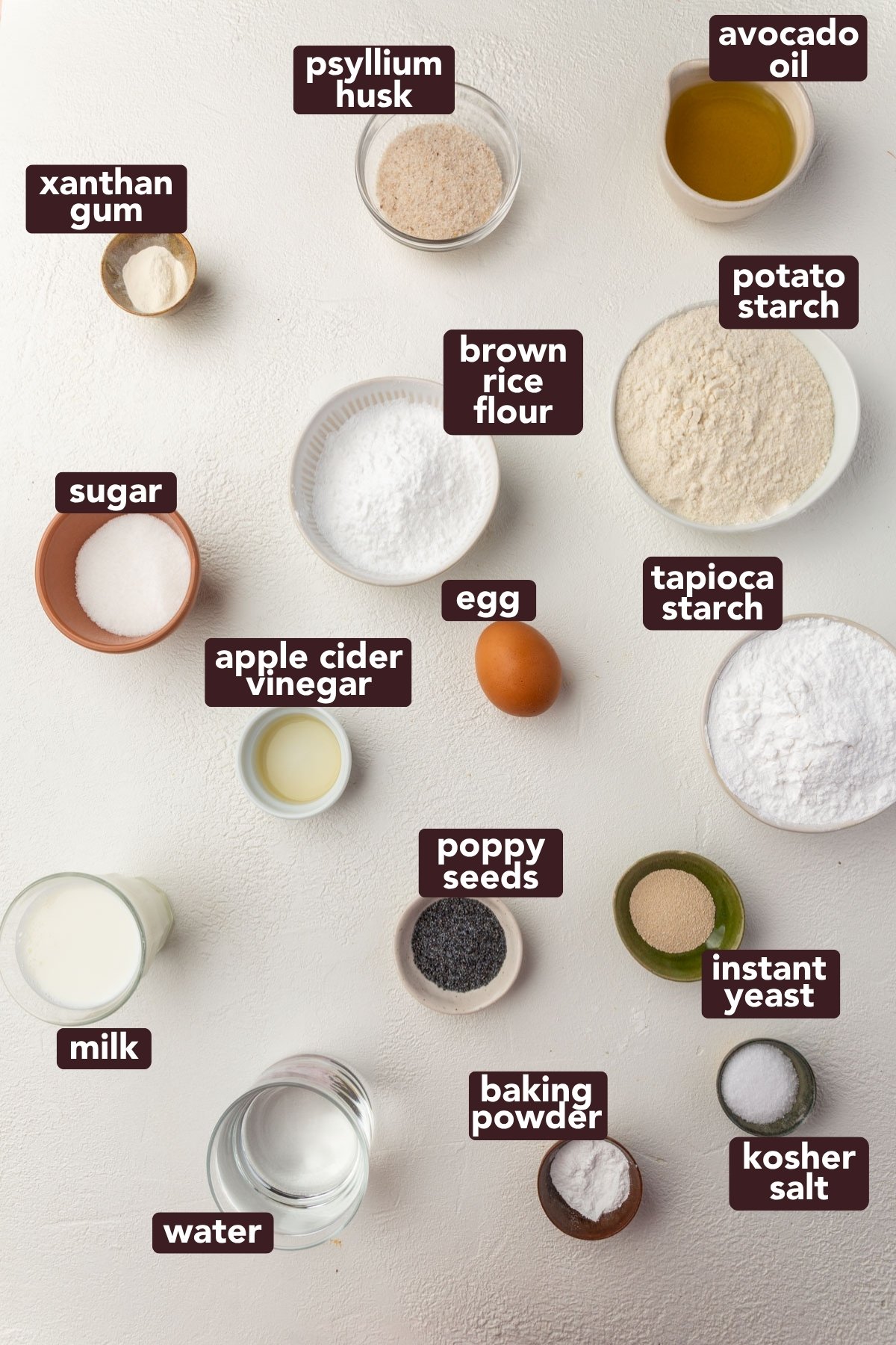 Various baking ingredients arranged on a white surface to make gluten-free hot dog buns, each labeled: xanthan gum, psyllium husk, avocado oil, brown rice flour, potato starch, sugar, apple cider vinegar, egg, tapioca starch, milk, poppy seeds, instant yeast, baking powder, kosher salt, water.