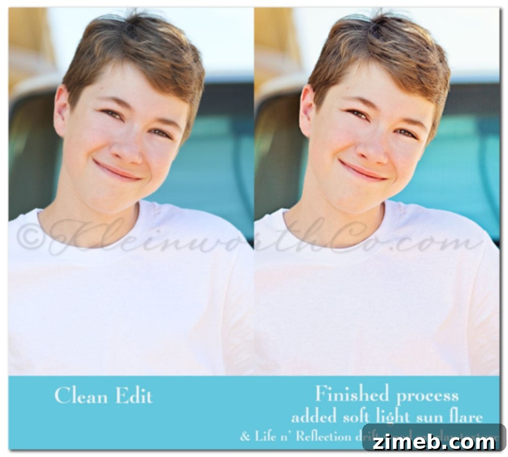 Clean edit and final image FloraBella Colorplay set Final edited portrait showcasing FloraBella Colorplay Clean Base, Ocean Air, Summer Peach, Color Depth, sun flare overlay, and Life n' Reflection textures