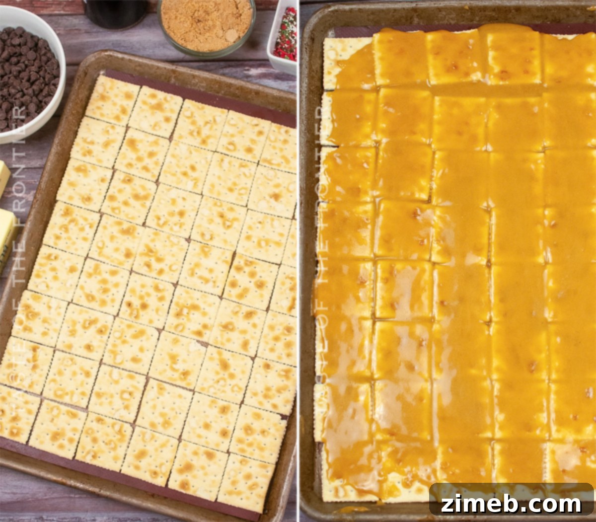 Yuletide Toffee Bliss 6 A baking sheet lined with saltine crackers, half-covered with golden brown toffee, ready for the chocolate layer, illustrating the initial steps of making Christmas Crack.
