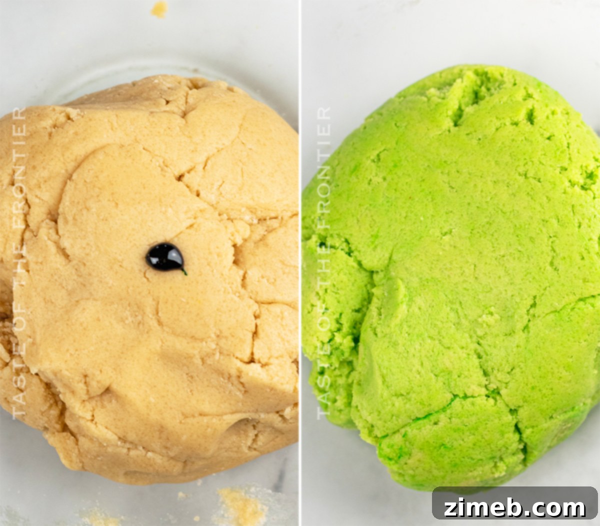 Grinch's Heart-Melting Crinkles 7 Close-up image of vibrant green cookie dough being mixed and tinted with food coloring, showcasing the bright Grinchy color.